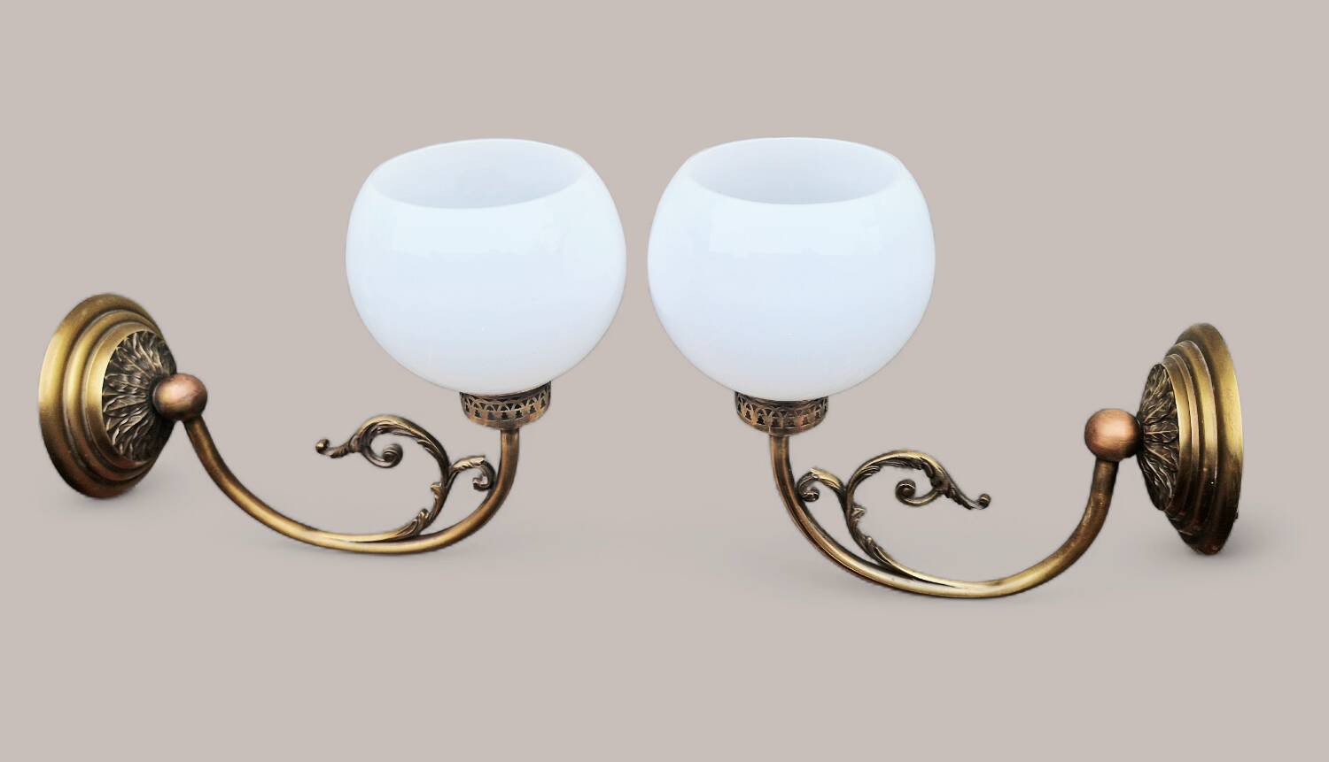 Pair of Napoleon III style brass and opaline wall lights