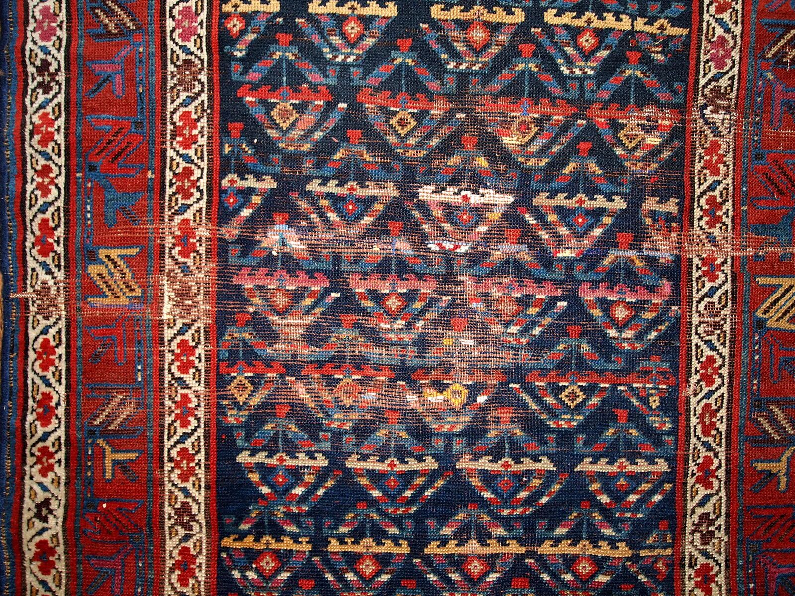 Tapis couloir ancien persan kurde fait main, usé, 103 cm x 375 cm, années 1900.