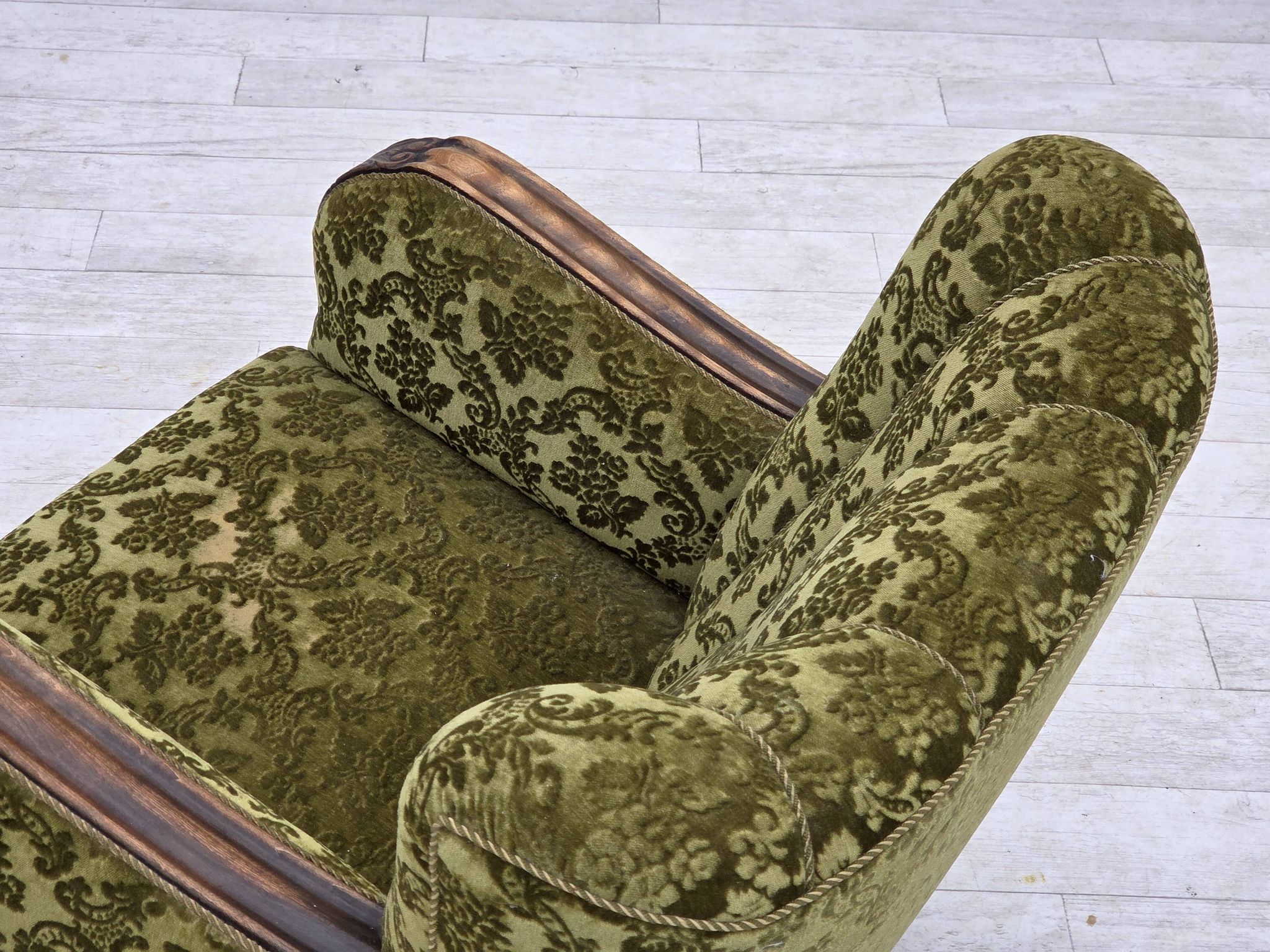 1950s, Danish relax chair, furniture velour, oak wood.