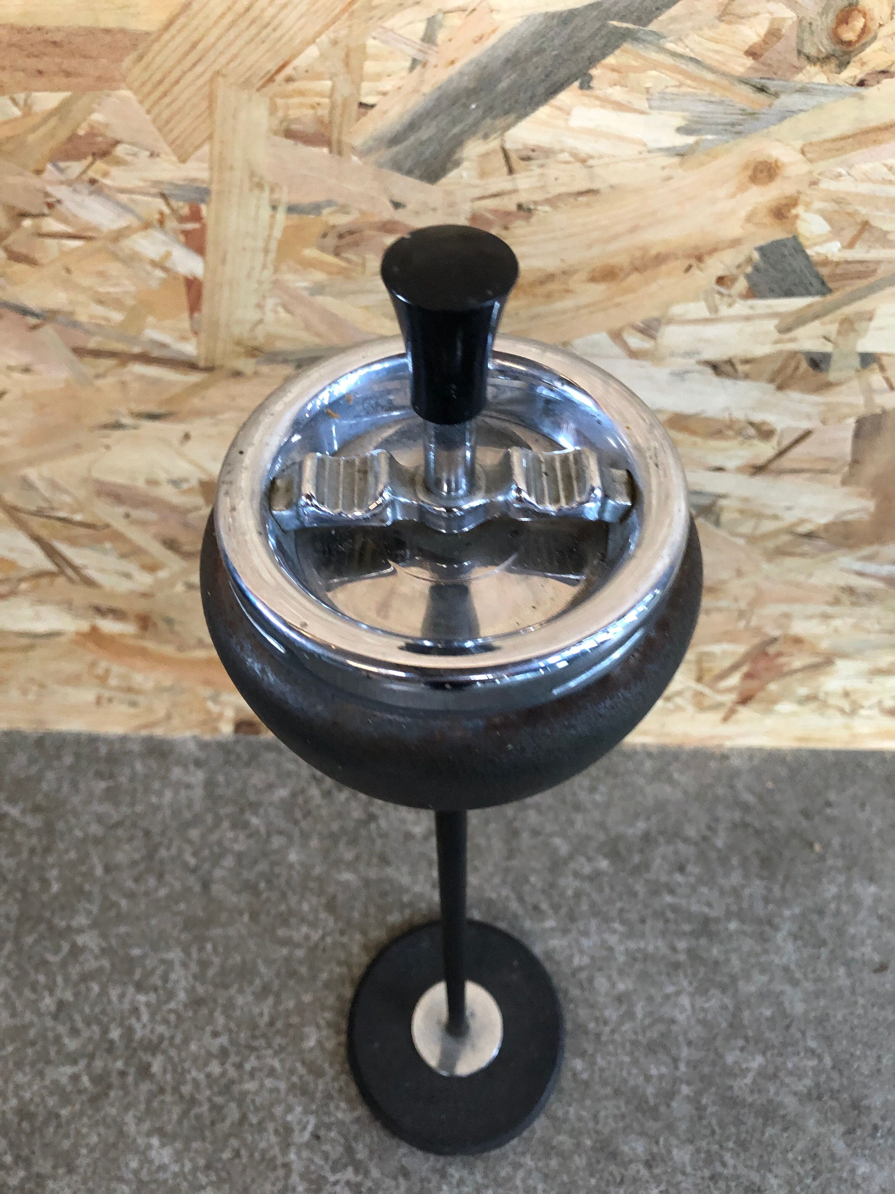 Old Ashtray On Foot Metal Black + Ashtray Chrome 70s Vintage
