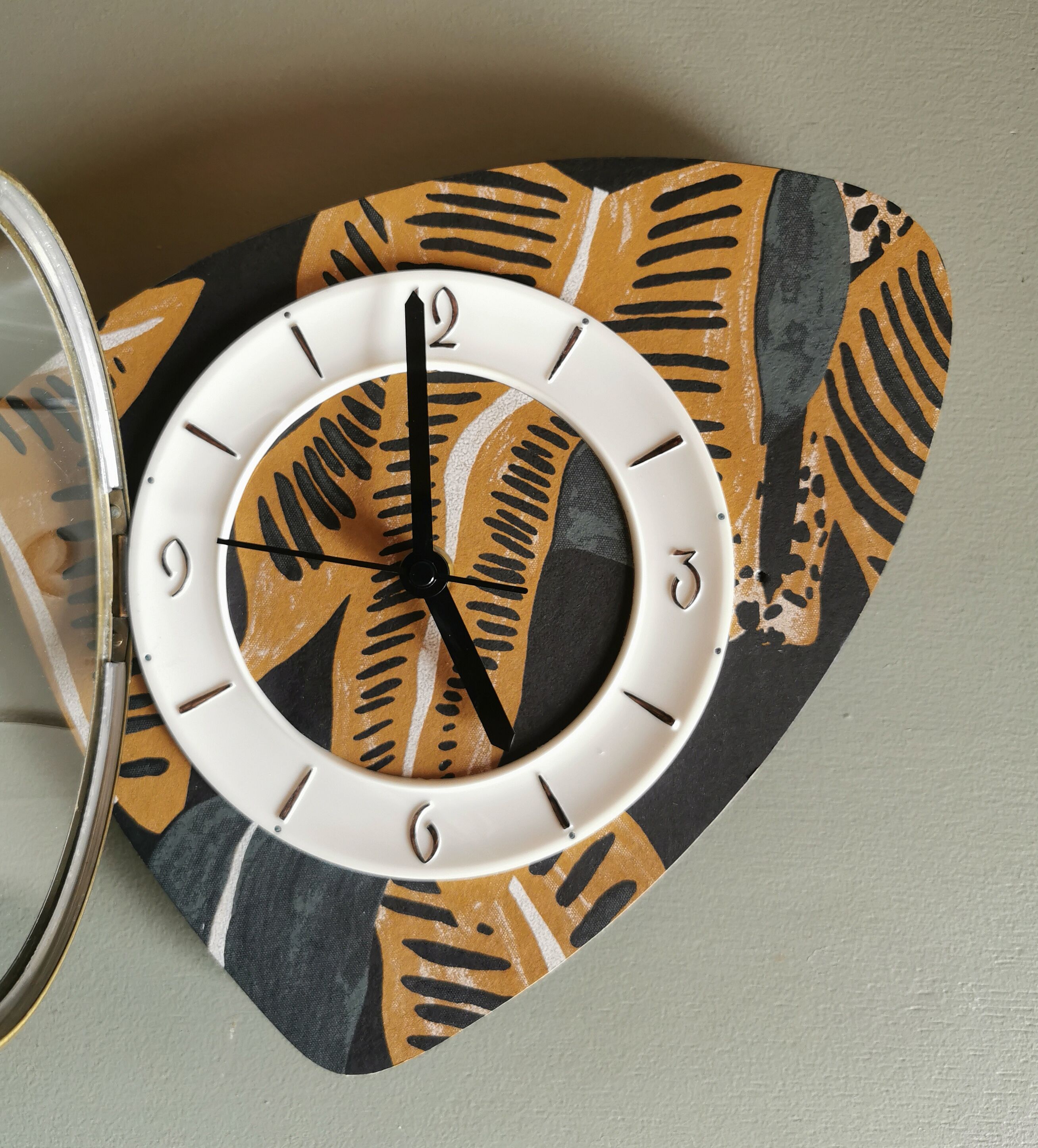 Vintage formica clock asymmetrical silent wall clock "Ochre gray black"