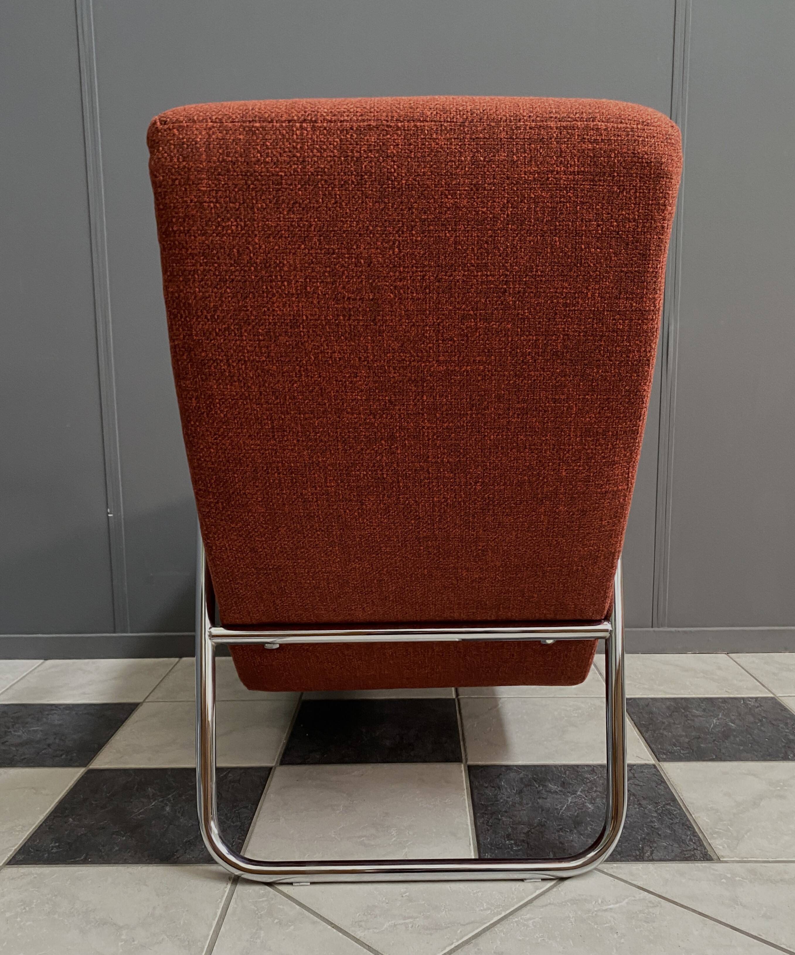 Red Brown fabric relax chair in Chrome frame 1970s