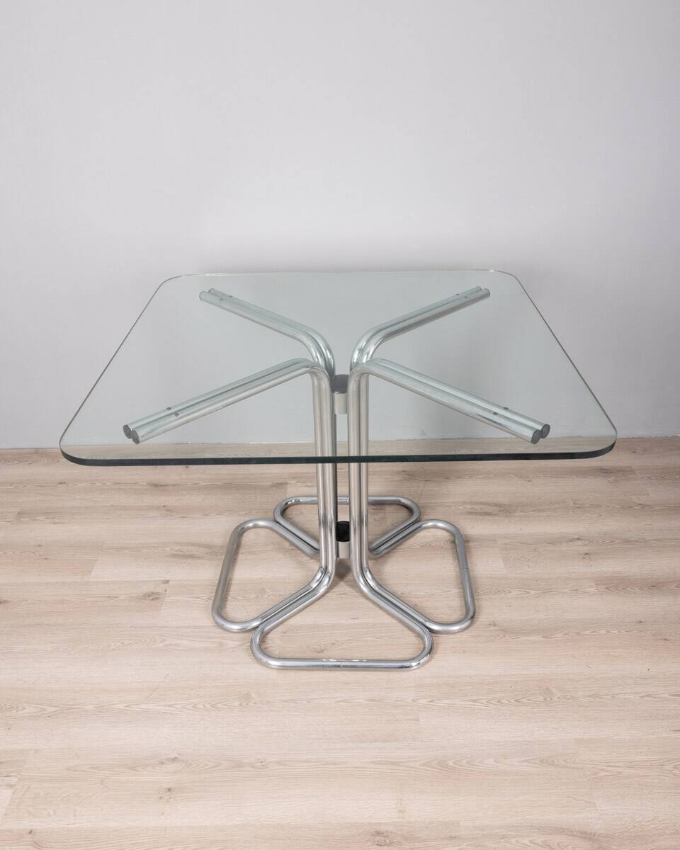 70s vintage square table in chromed metal and glass italian design