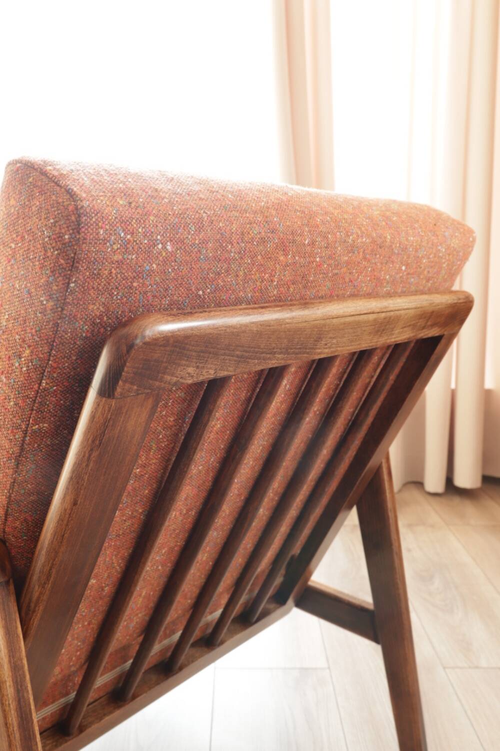 Vintage Wooden Armchair Tweed Upholstery Cushions Mid Century Design