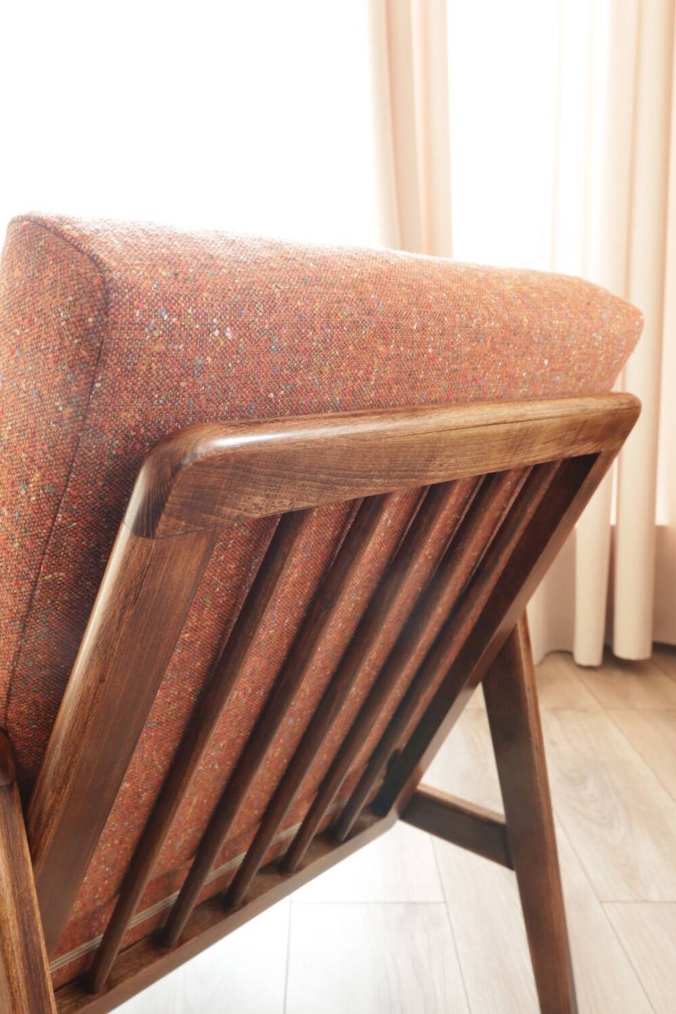 Vintage Wooden Armchair Tweed Upholstery Cushions Mid Century Design