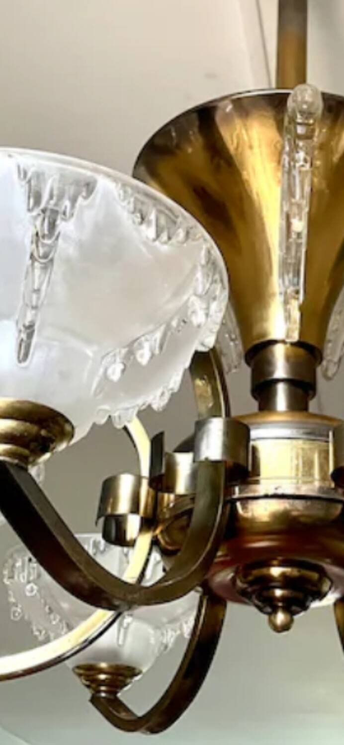 Antique Art Deco brass and glass chandelier