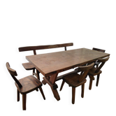 Set table, 4 chairs and a brutalist bench in the Regain style.