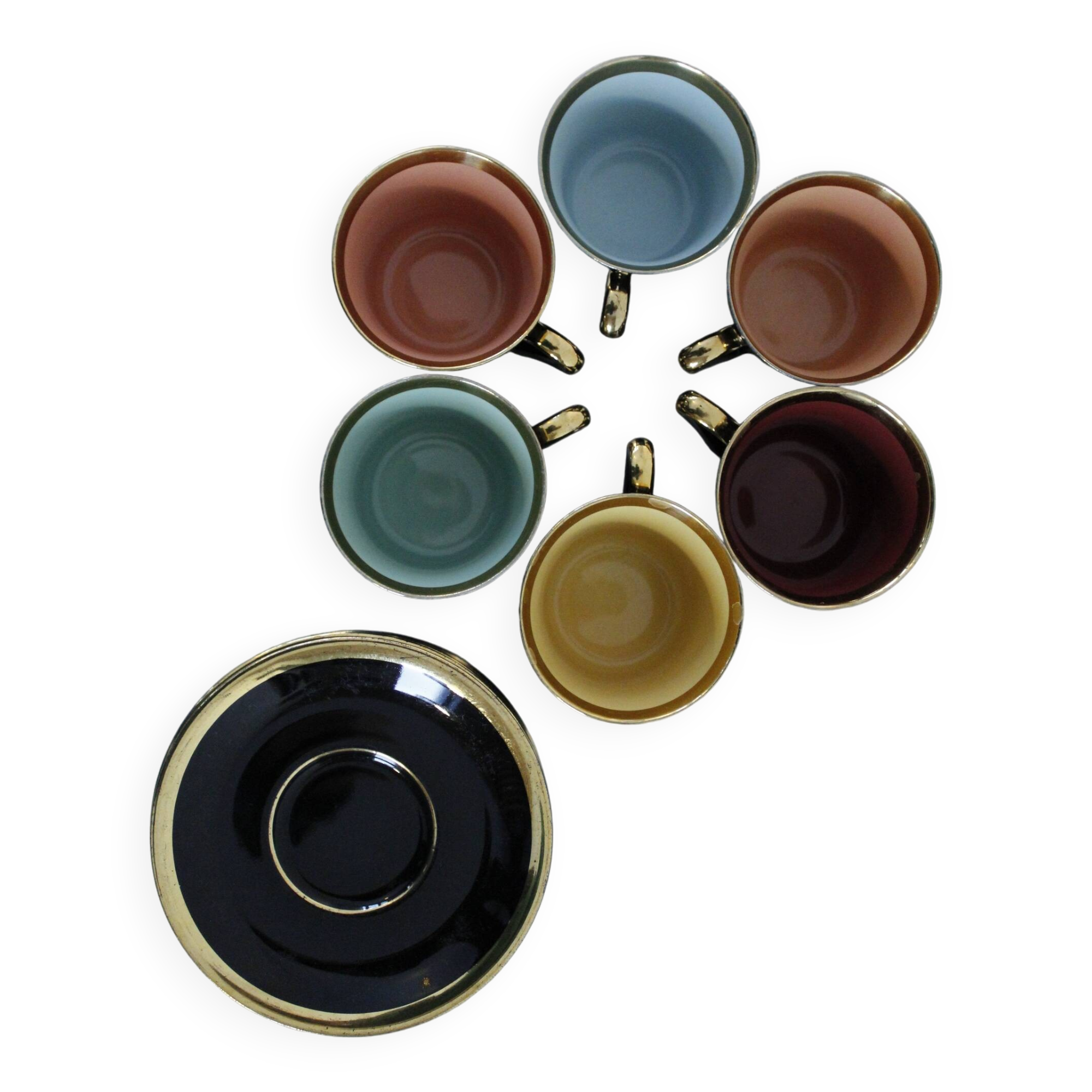 Porcelain coffee set - Porcelac - 6 cups + saucers - black and colors