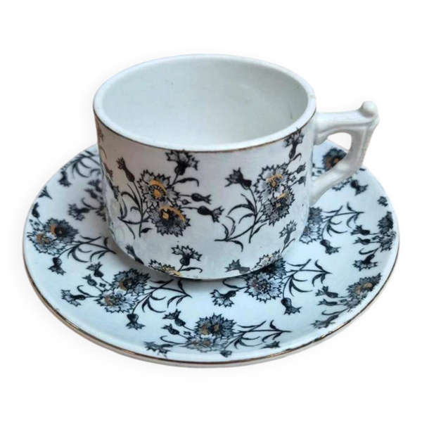 Tasse et soucoupe anciennes Gien – terre de fer – décor floral doré
