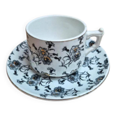 Tasse et soucoupe anciennes Gien – terre de fer – décor floral doré