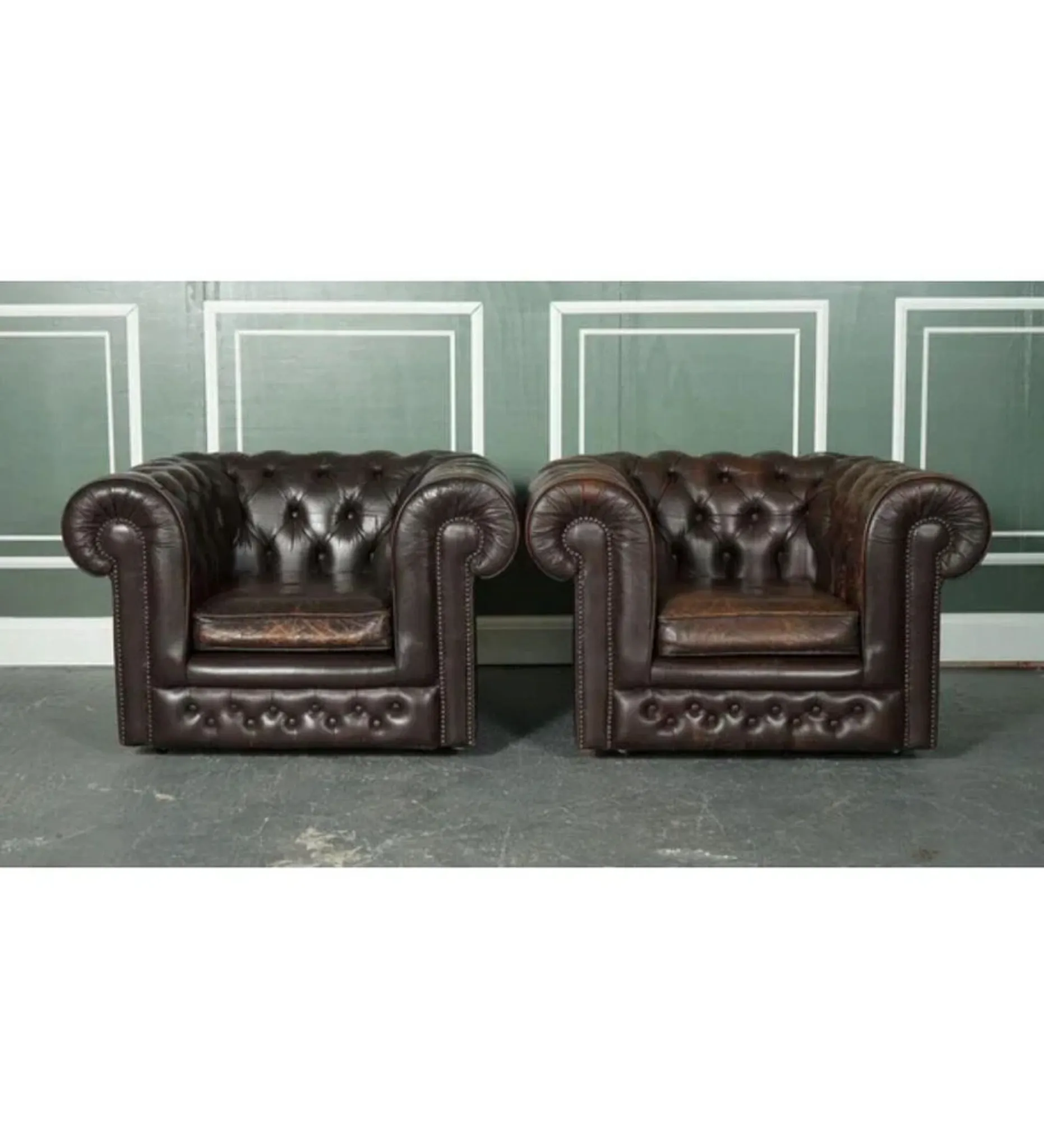 Vintage Brown Leather Chesterfield Club Tub Chairs, Set of 2