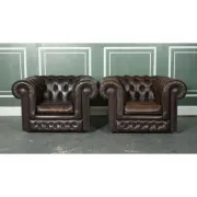 Vintage Brown Leather Chesterfield Club Tub Chairs, Set of 2