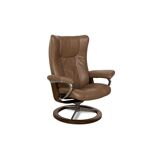 Brown Stressless Leather Wing Lounge Chair with Stool, Set of 2
