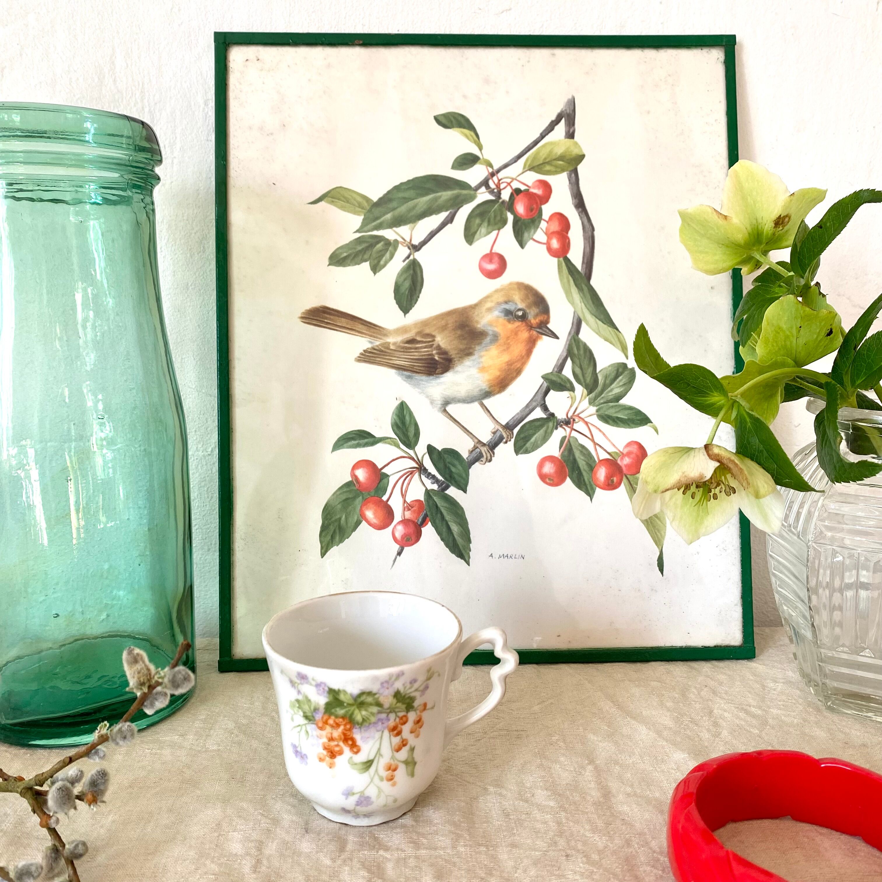 Antique engraving bird in metal frame