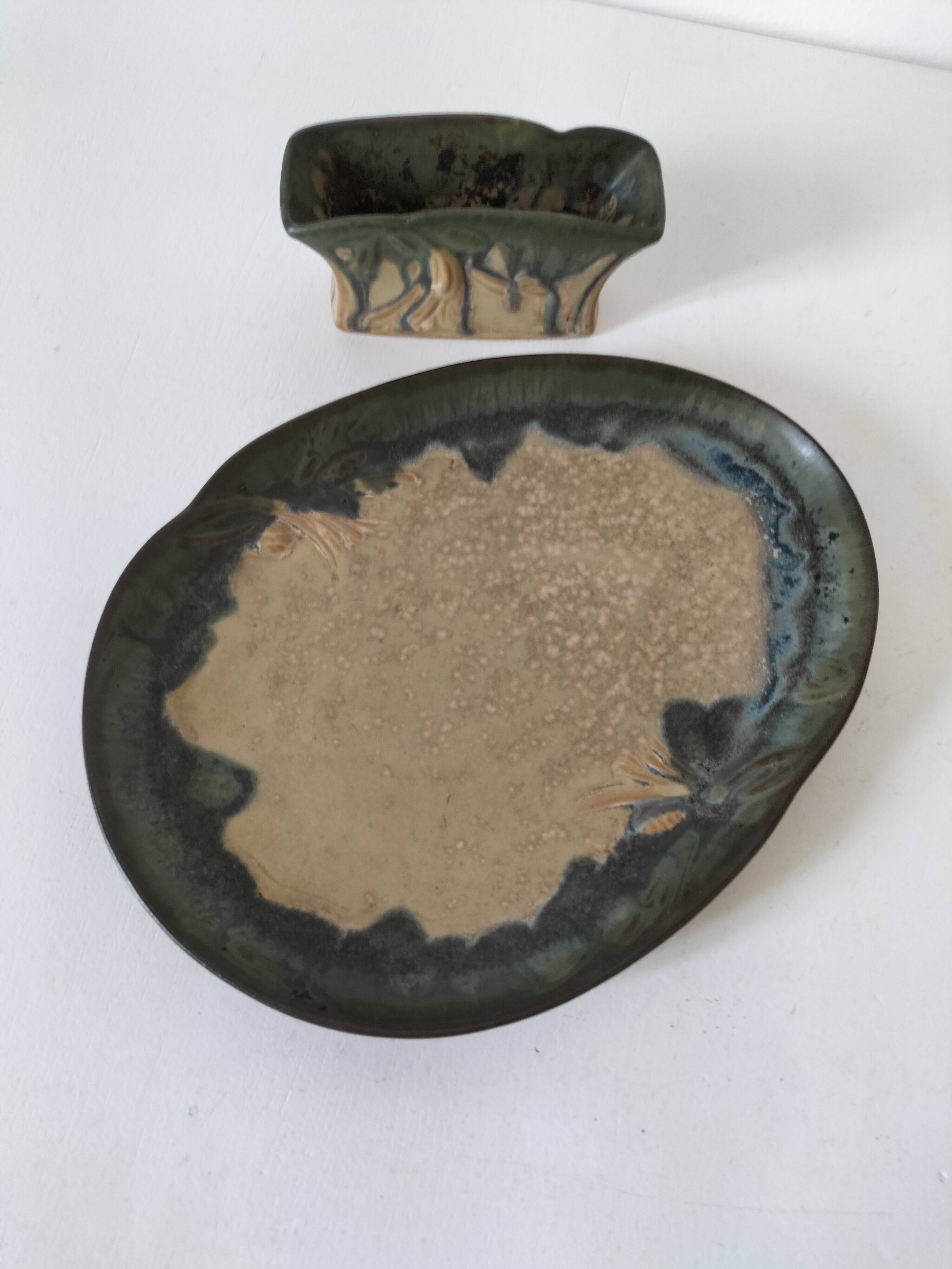 Pair of Denbac enamelled green and blue vide-poches.