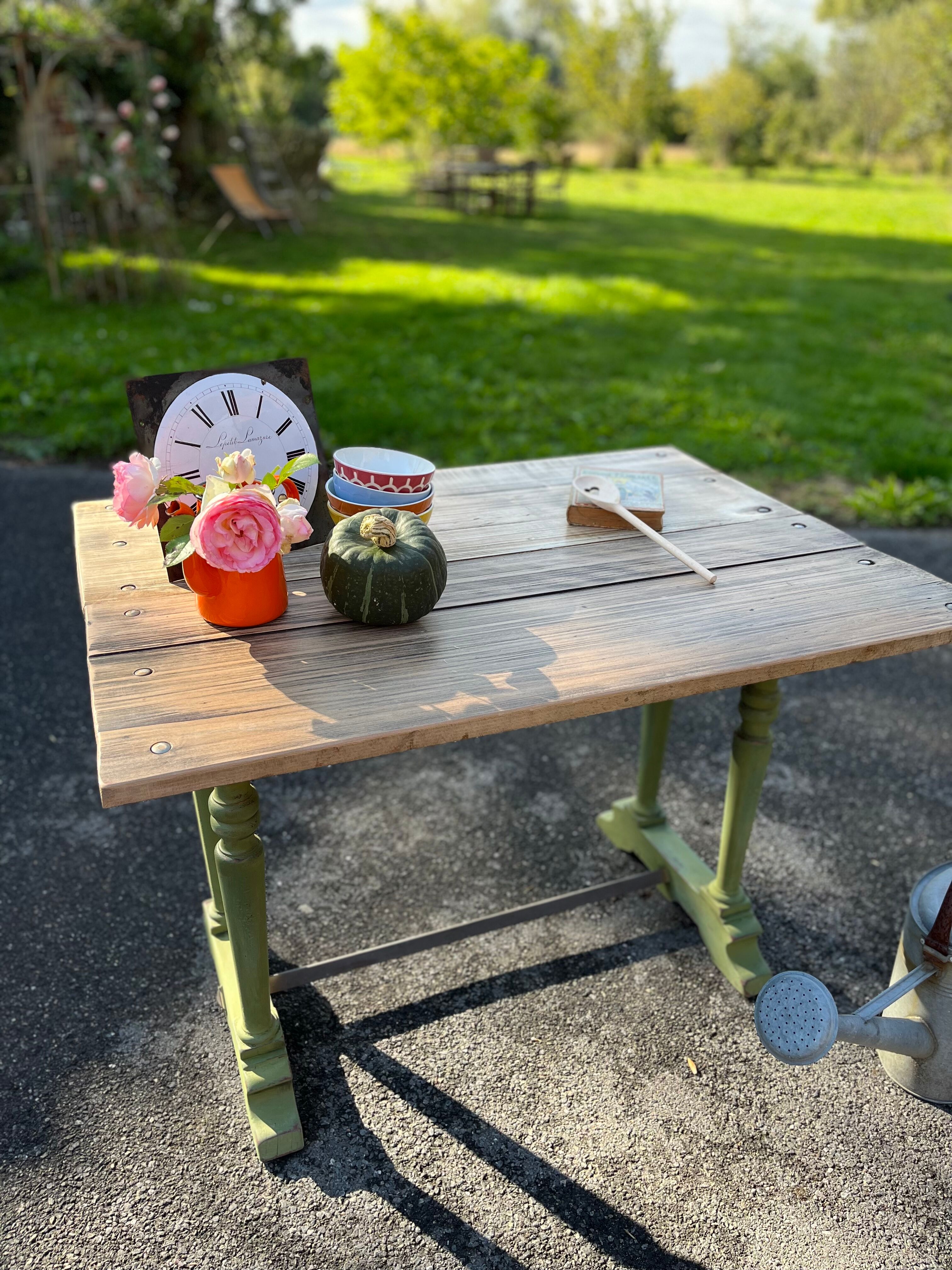 Old table patinated green legs