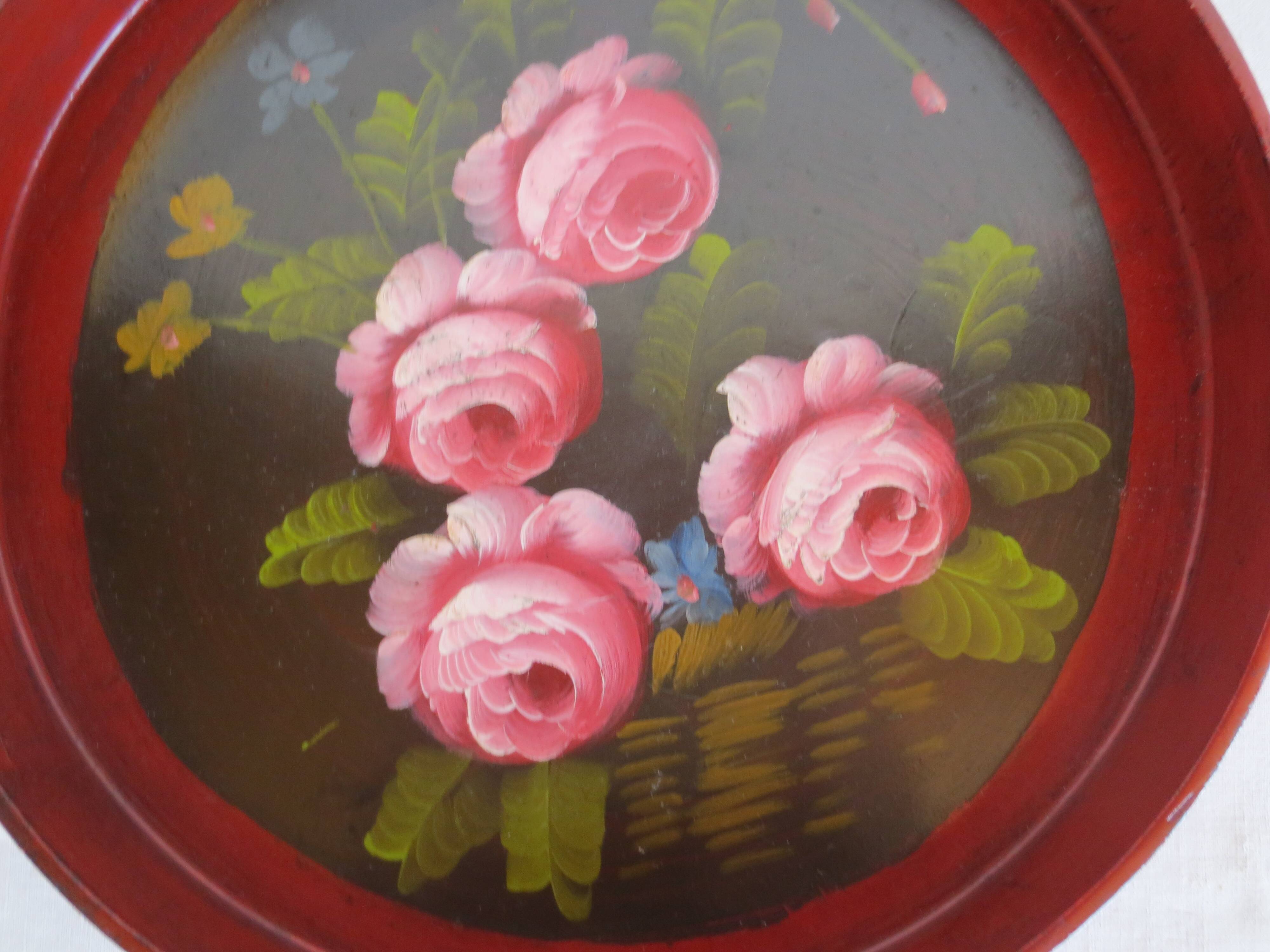 antique round wooden tray with rose decorations