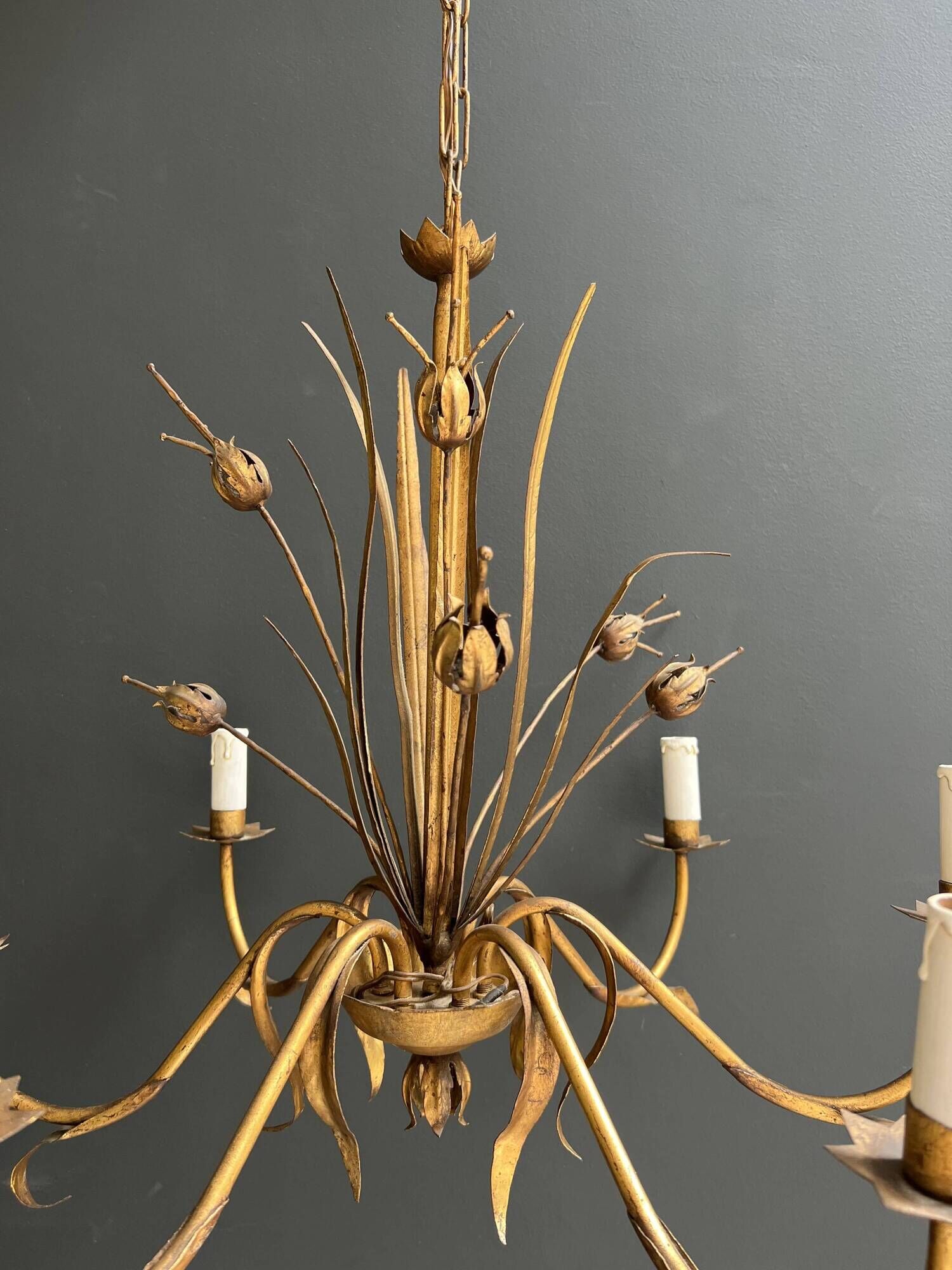Golden Metal Chandelier with Reed Bouquet Decoration. Coco Chanel Style. Work