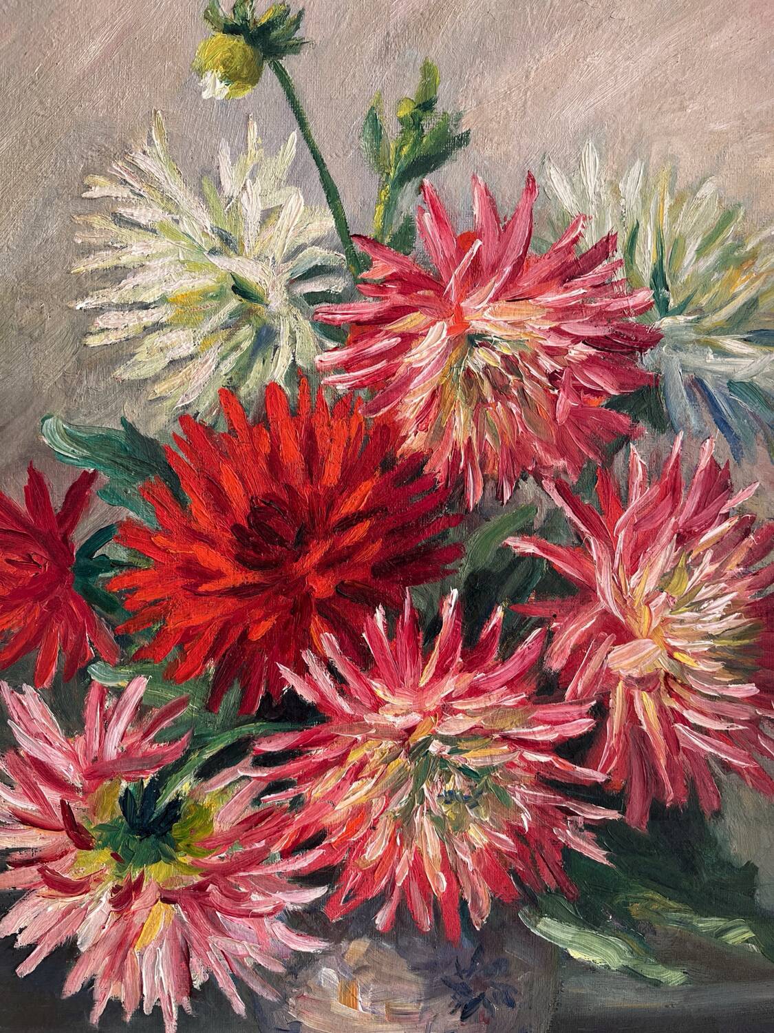 Peinture ancienne tableau huile sur toile fleurs dahlias 