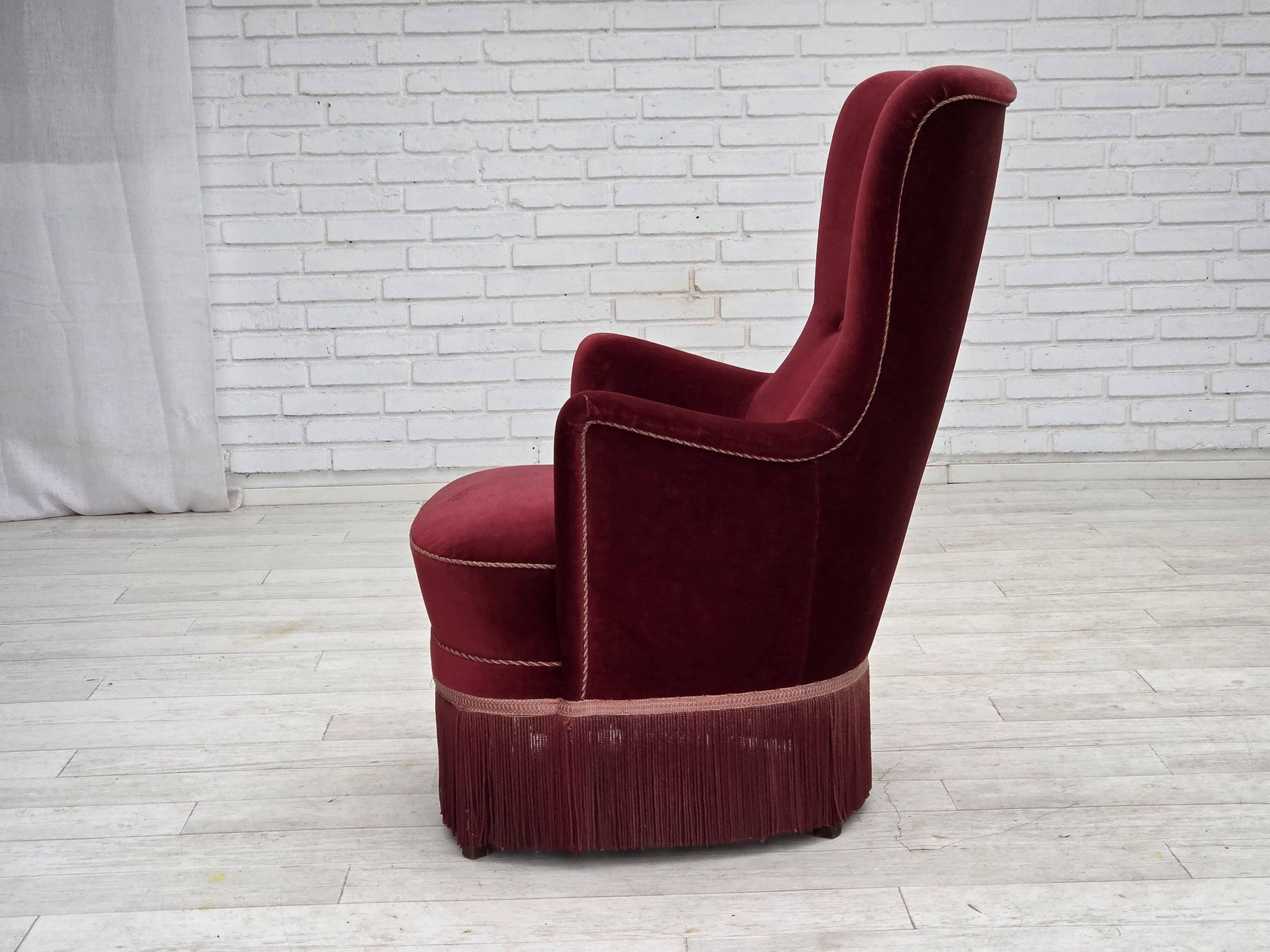 1970s, Danish armchair, cherry-red furniture velour, ash wood legs.