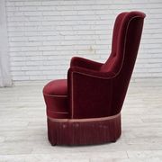 1970s, Danish armchair, cherry-red furniture velour, ash wood legs.