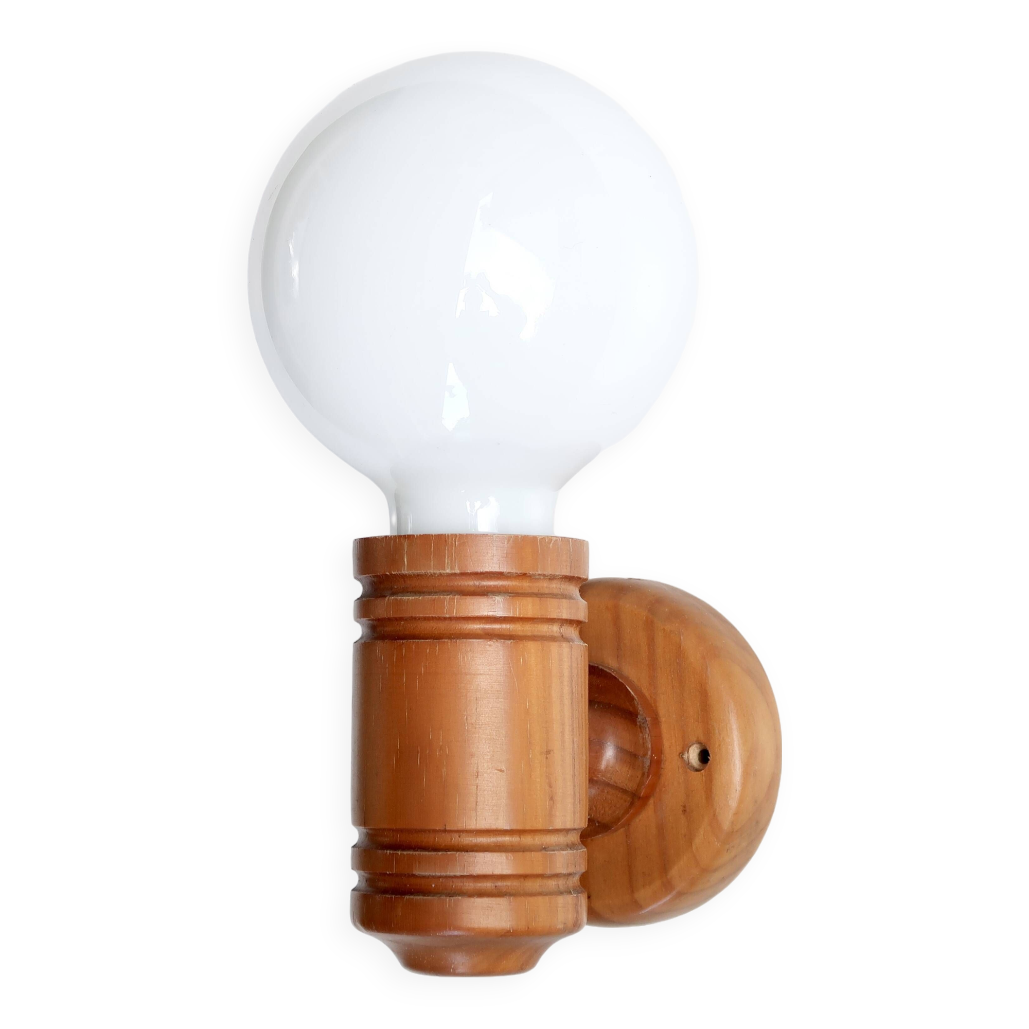 Wall lamp in pine wood and opaque white glass globe, 1970s