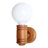 Wall lamp in pine wood and opaque white glass globe, 1970s