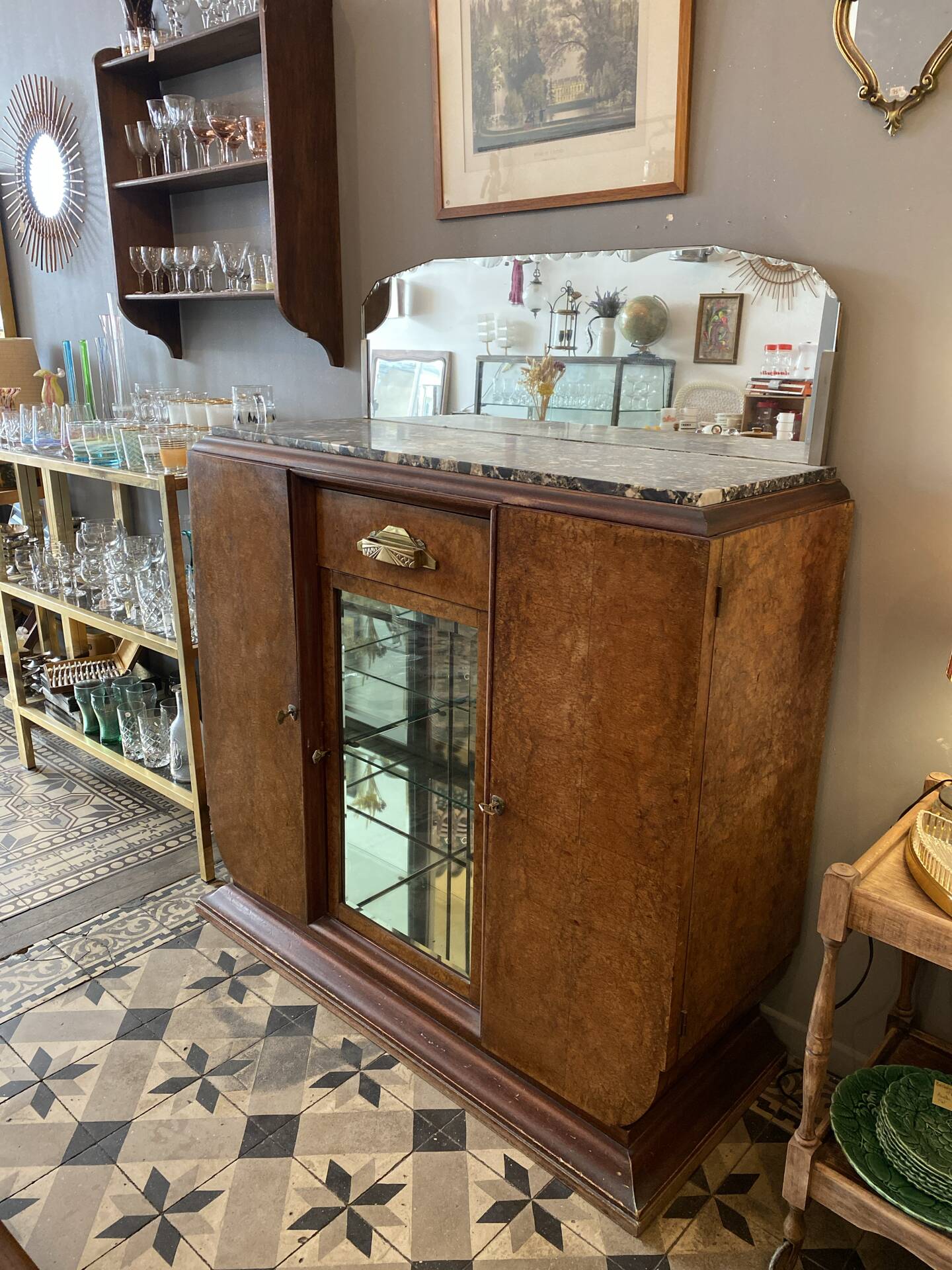 Art Deco wooden sideboard with mirror and marble