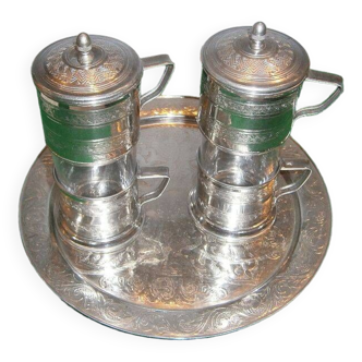 Moroccan tea set: 2 cups with fitre + round tray, in silver metal