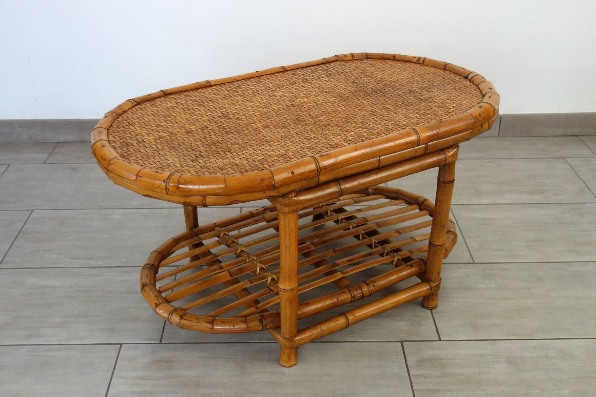 Vintage bamboo and woven wicker coffee table