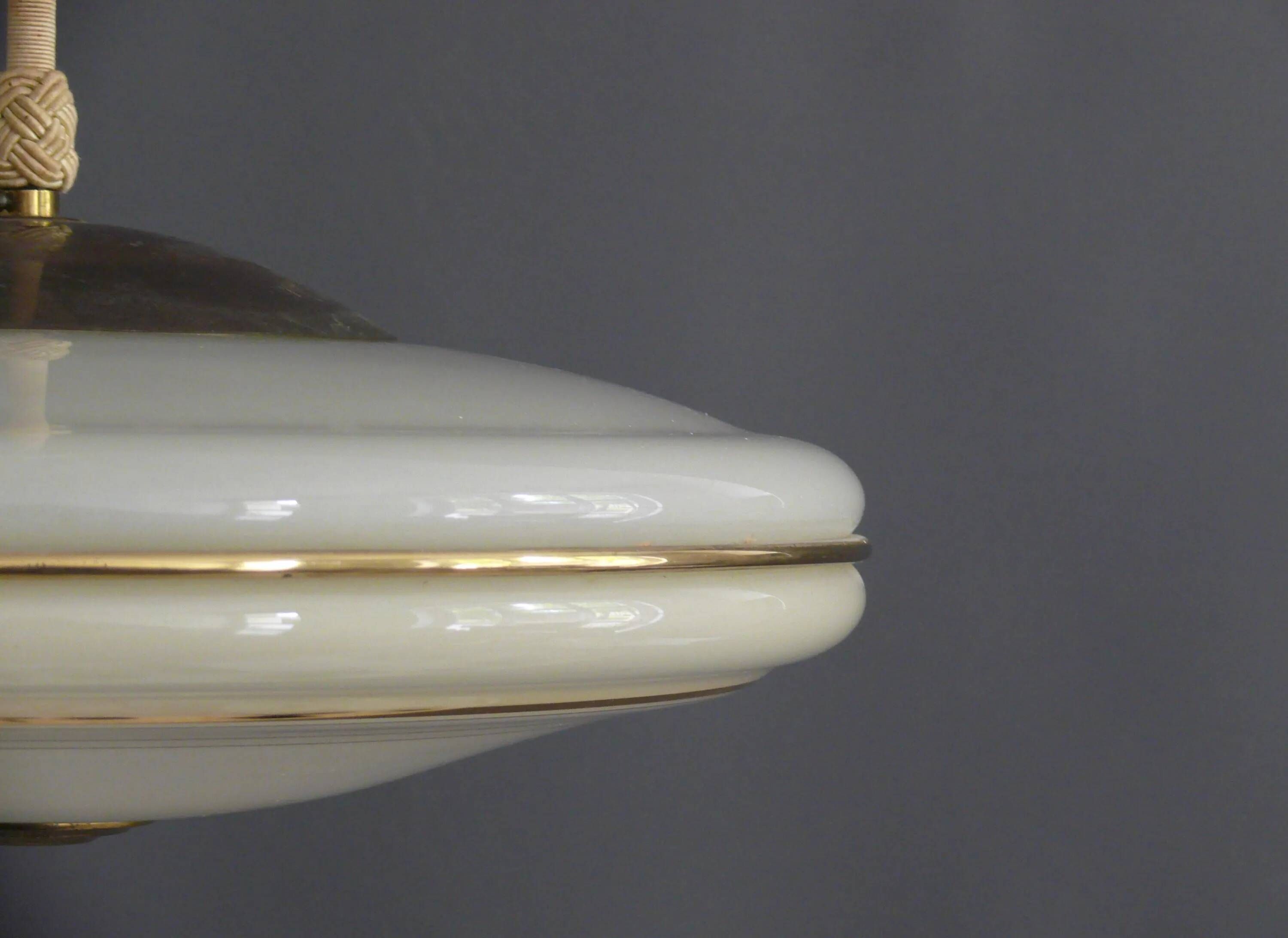 Beige Art Deco Pendant Light with Golden Radial Stripes and Brass Profile, 1930-1940
