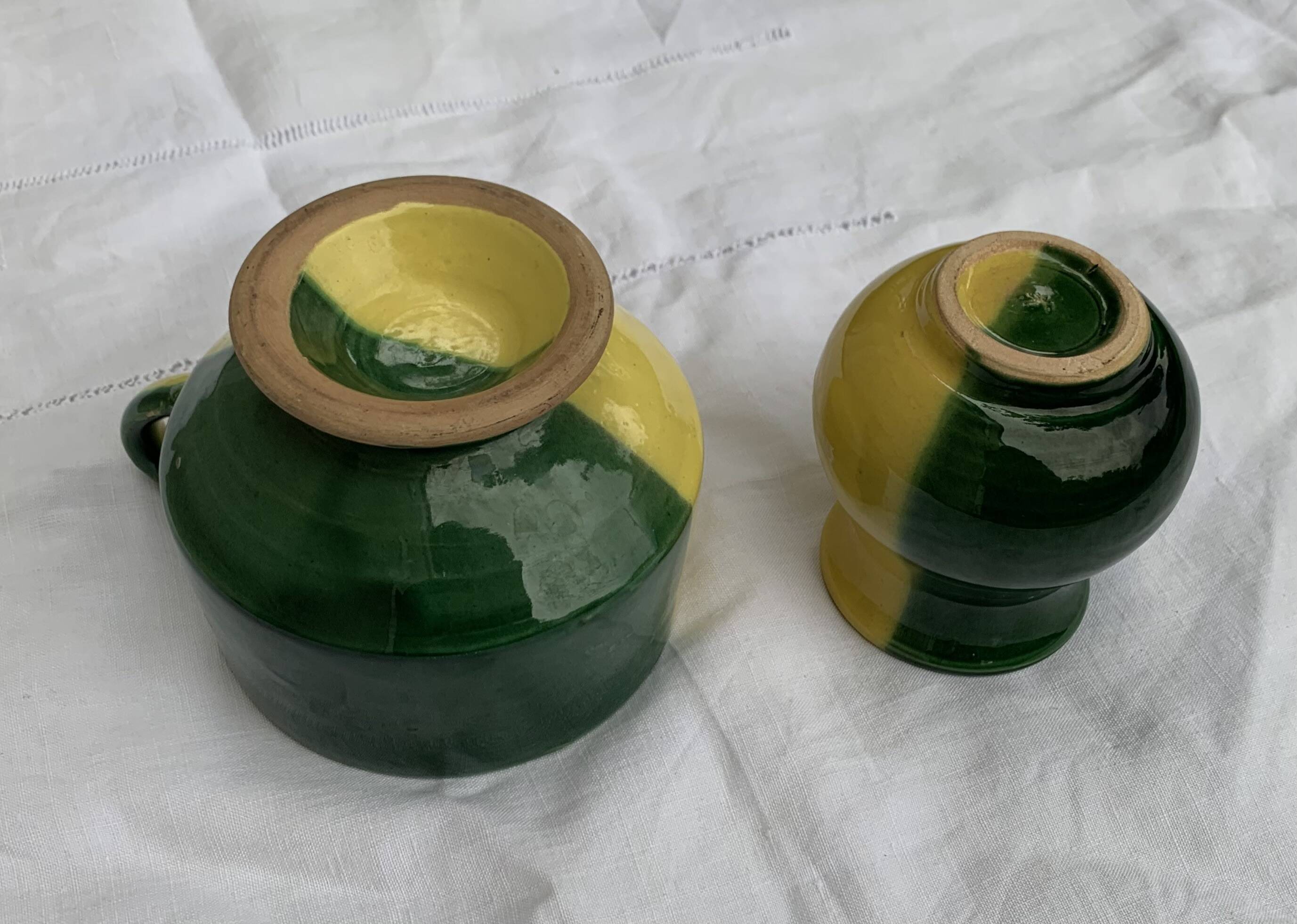Enameled ceramic bowl and milk jug, two-tone yellow and green, vintage 1950