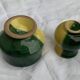 Enameled ceramic bowl and milk jug, two-tone yellow and green, vintage 1950