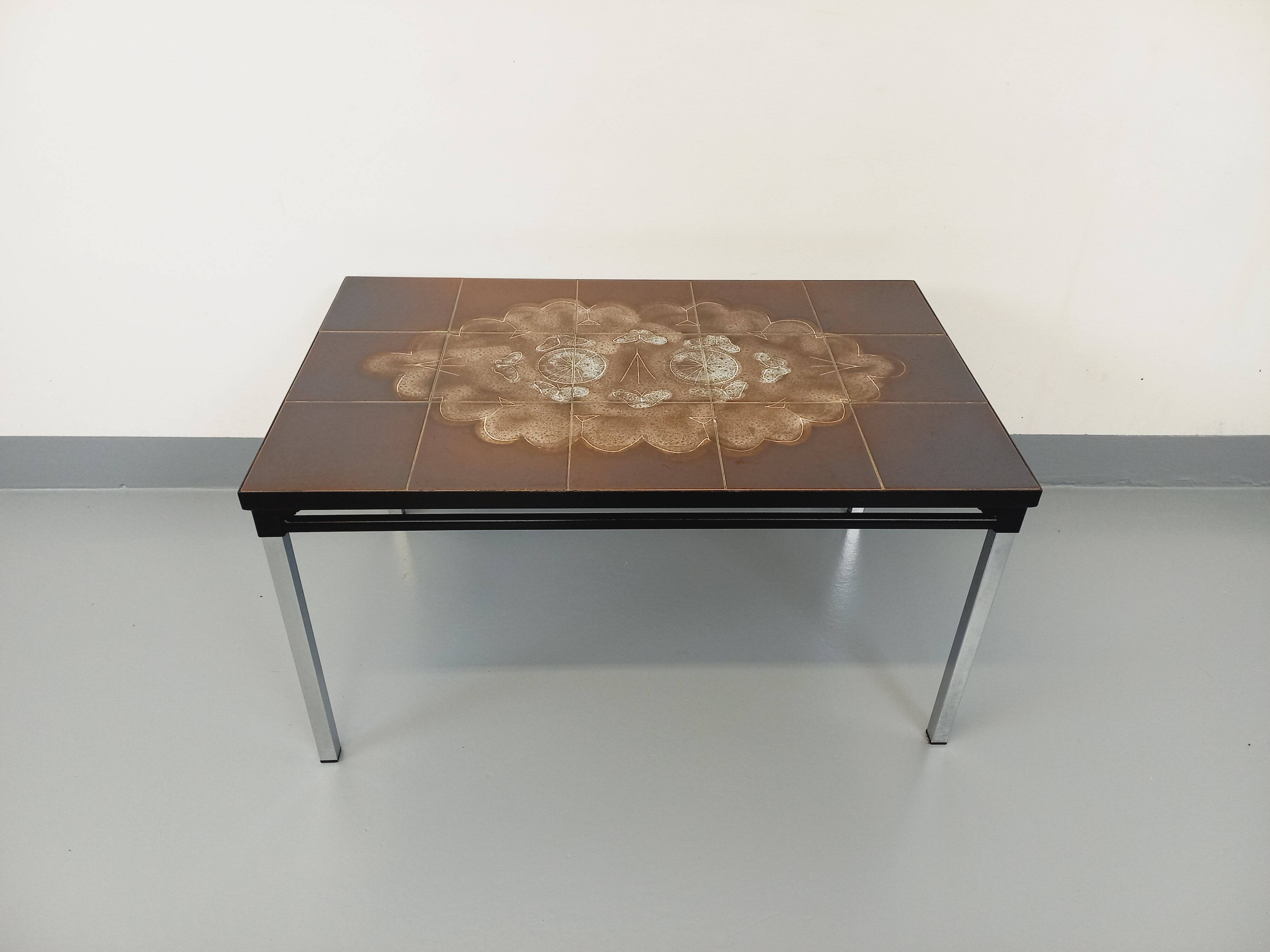 Vintage rectangular coffee table from the 60s 70s in ceramic, black metal and chrome metal
