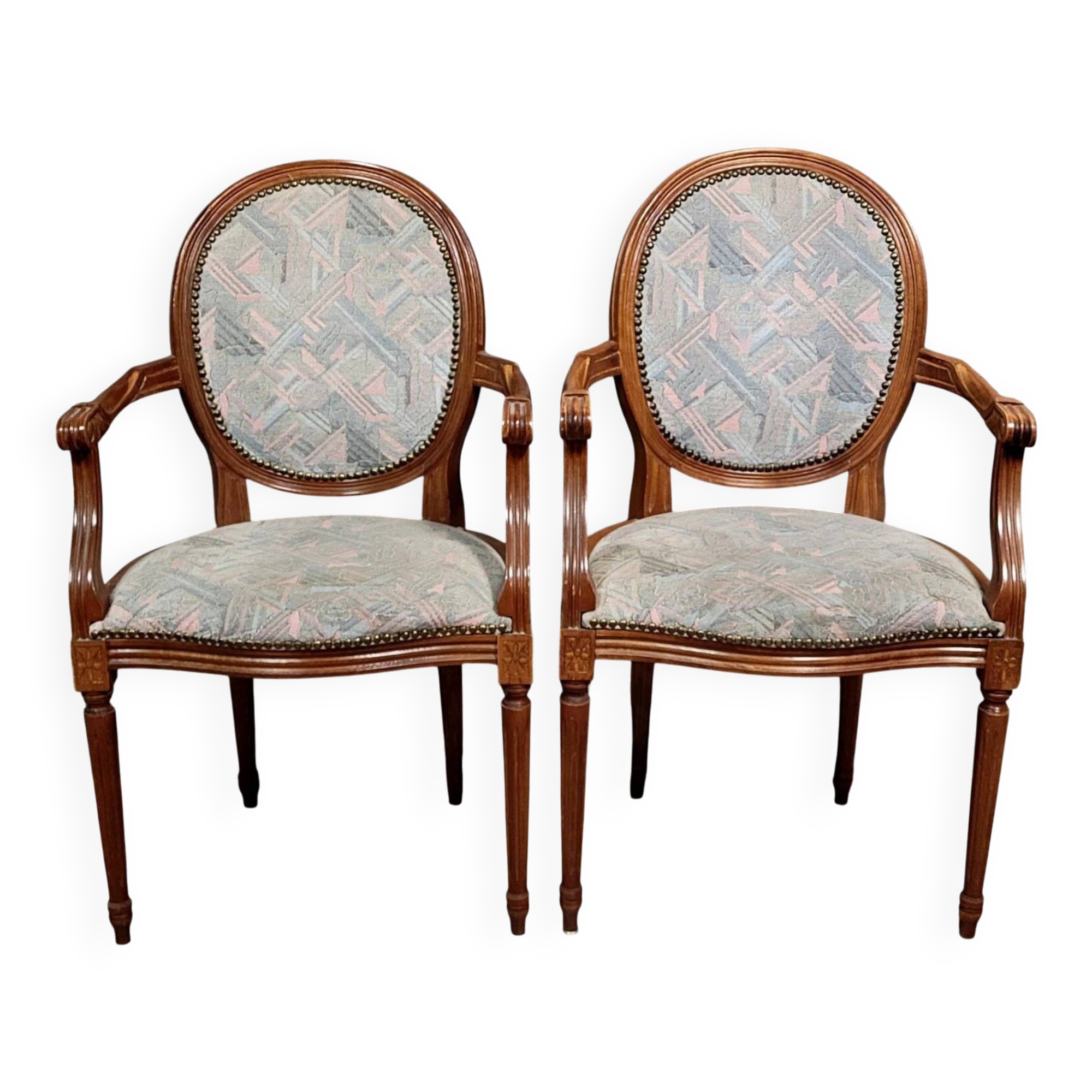 Pair of Louis XVI style armchairs with medallion backs, 20th century