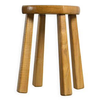 Tabouret quadripode en orme massif, France vers 1960