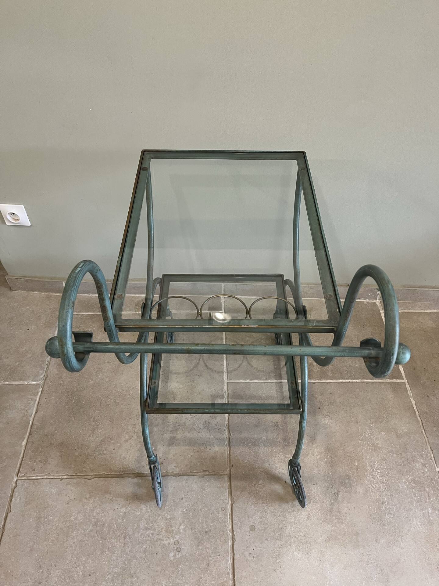 Patinated green-grey wrought iron dessert table