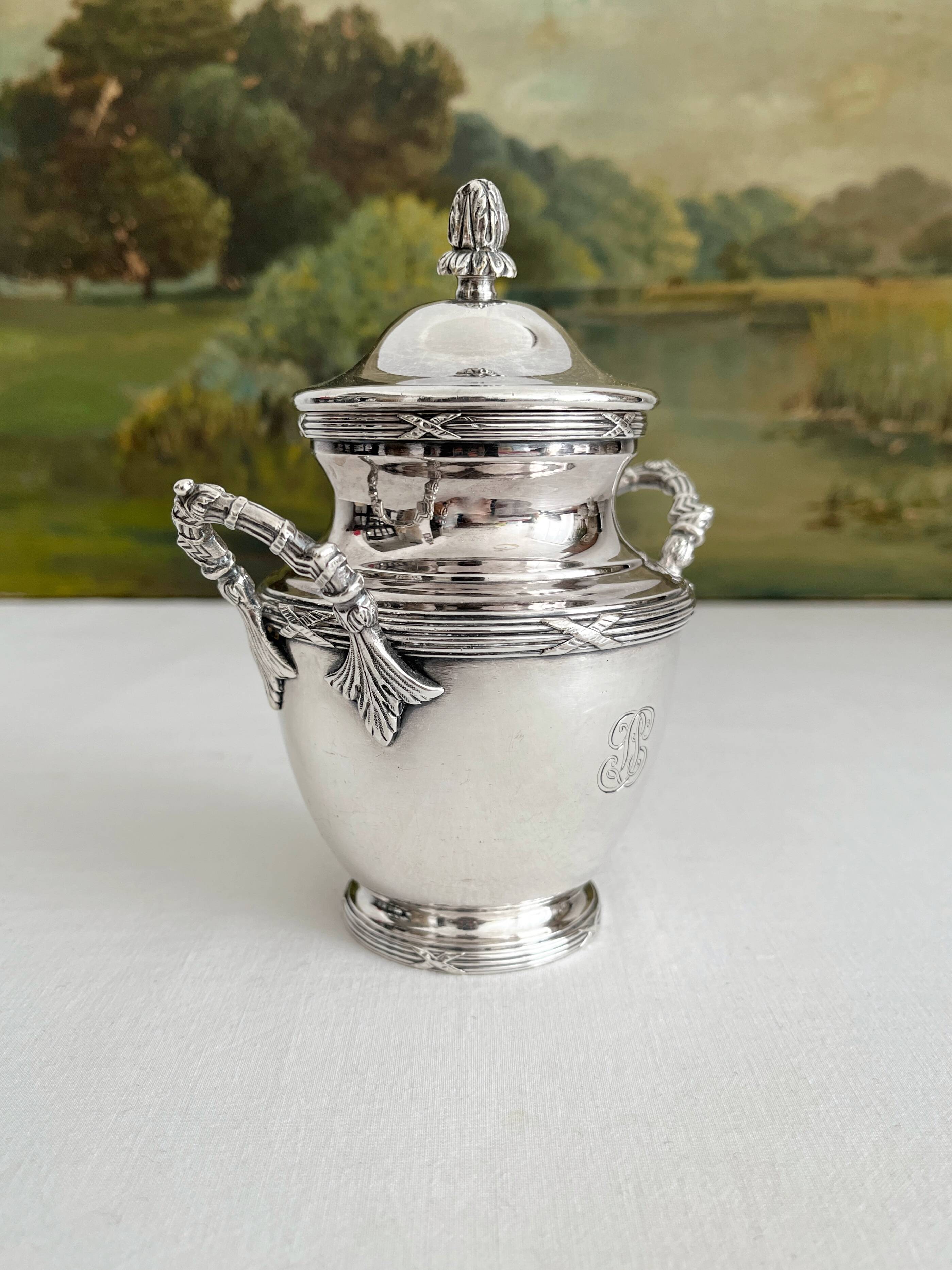 Antique monogrammed silver-plated metal sugar bowl