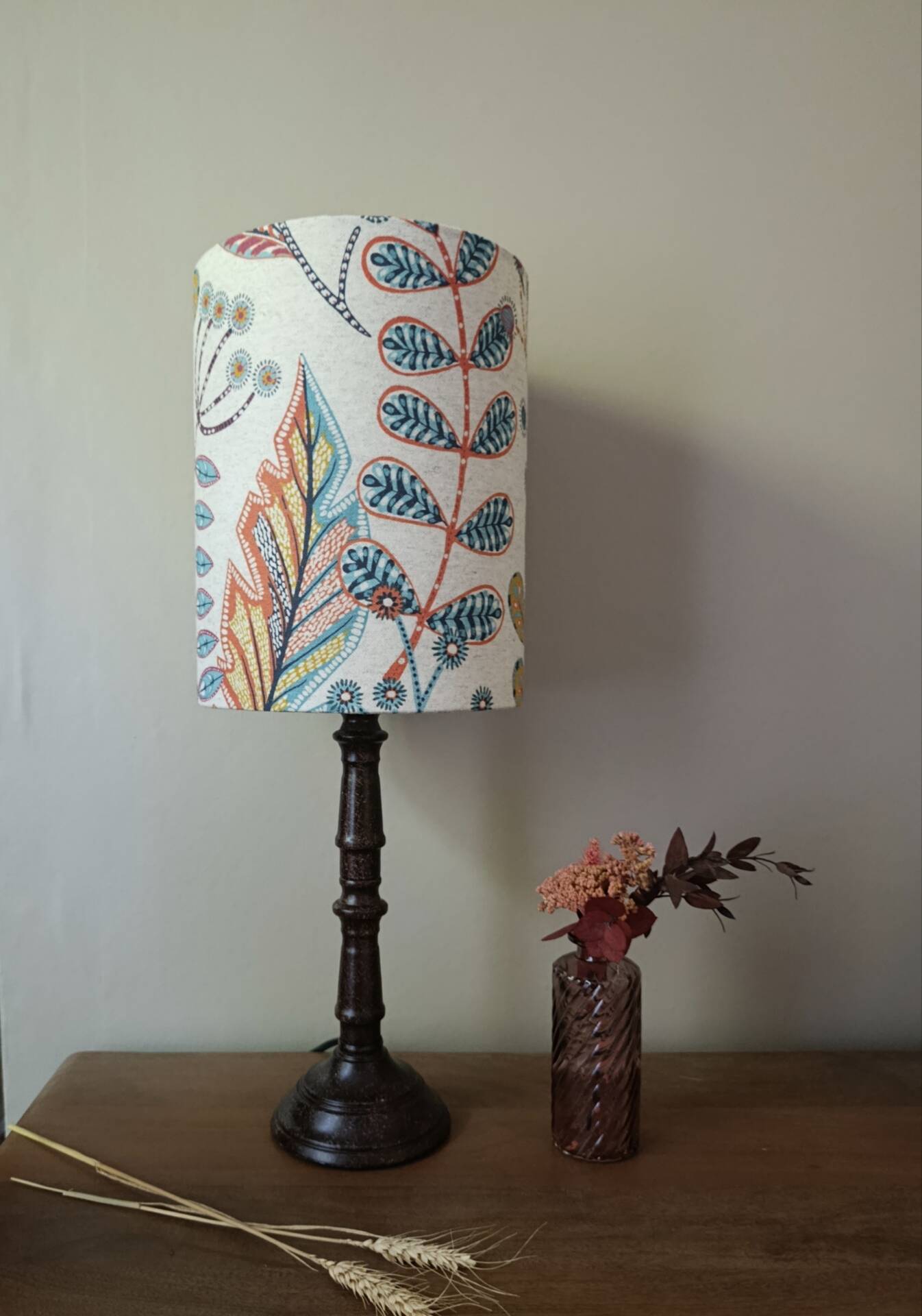Aged metal table lamp, botanical shade