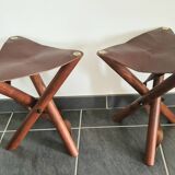 Set of teak and leather tripod stools