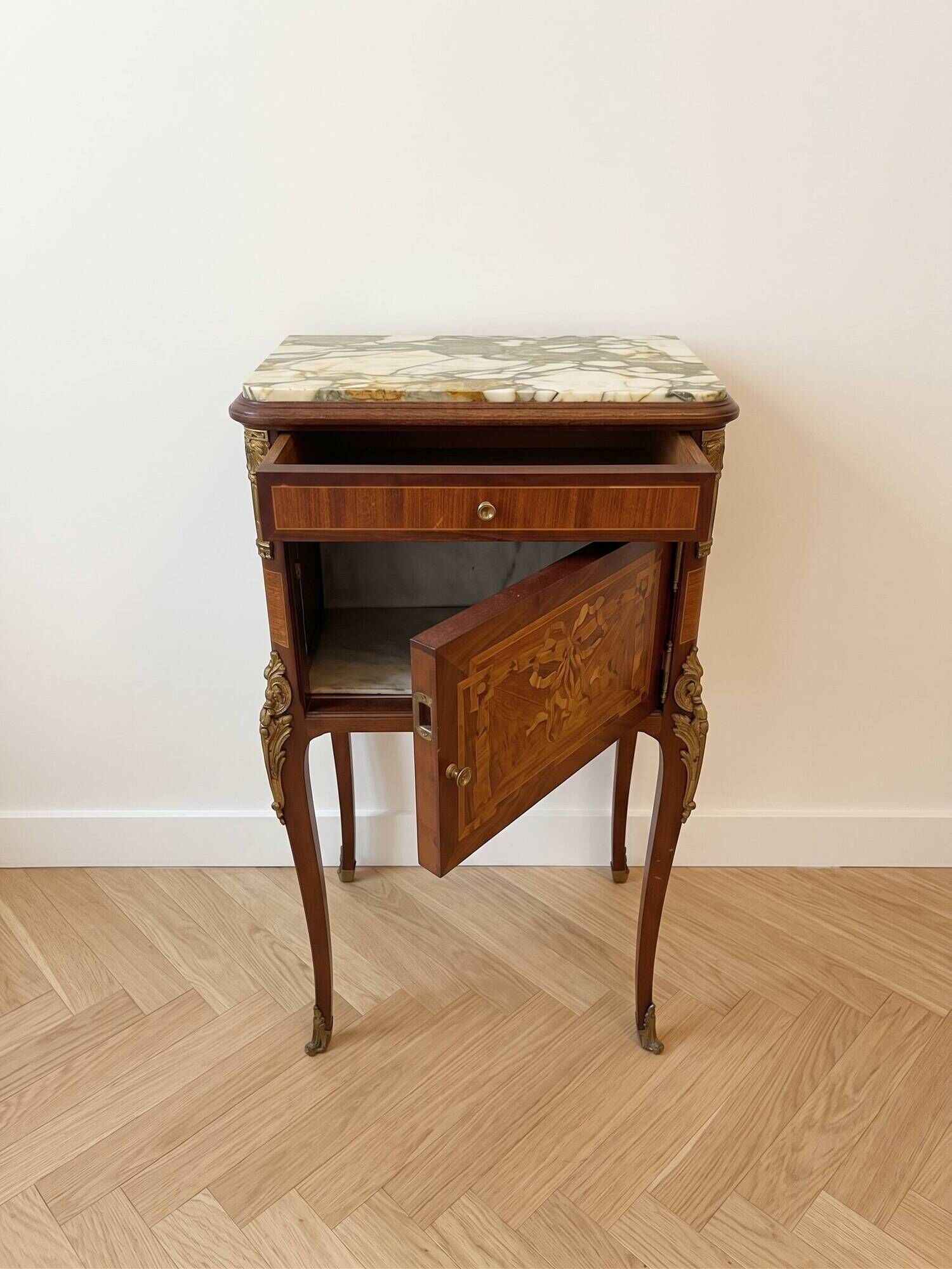Napoleon III bedside table in marquetry wood and marble