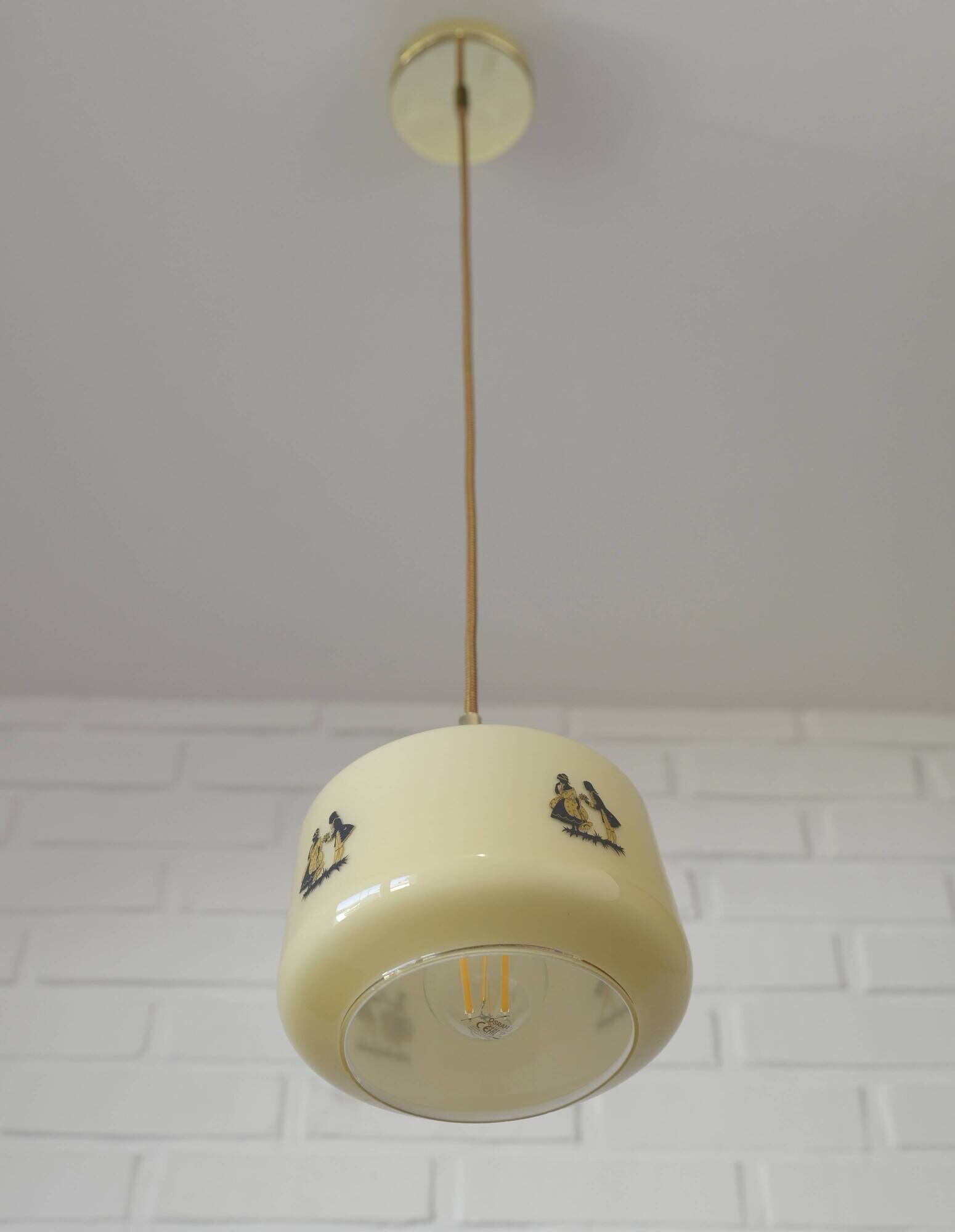 1950s Yugoslav Vintage Pendant Light,  Restored Caramel Opaline Glass Lamp