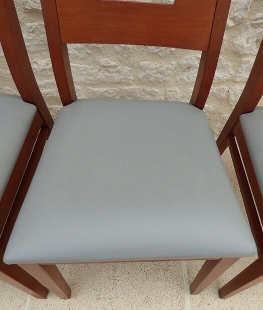 Set of 6 cherry wood style chairs with gray imitation leather seat