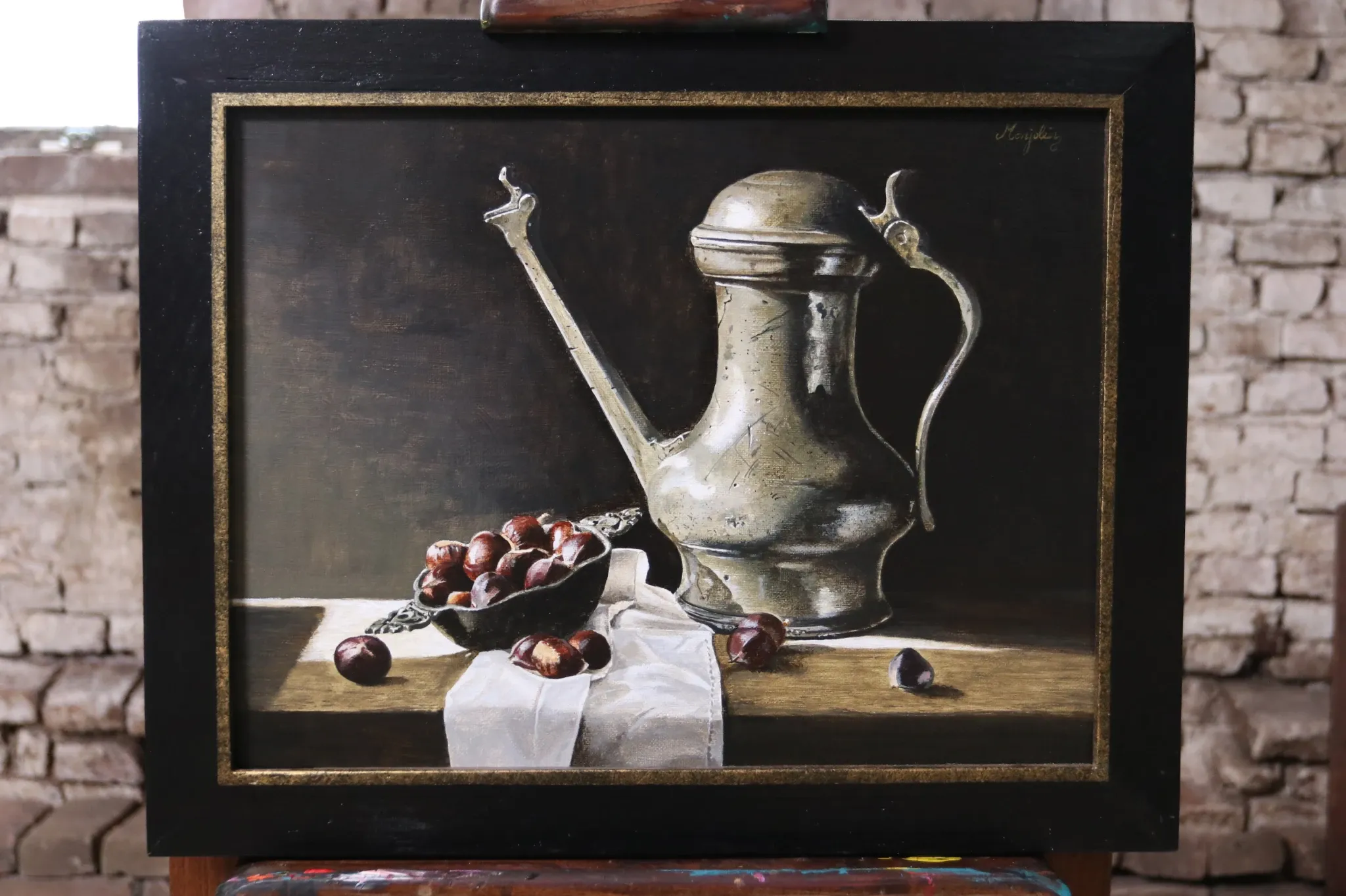 Still life with Jan Steen jug and chestnuts – Marjolein van den Berg