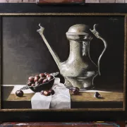Still life with Jan Steen jug and chestnuts – Marjolein van den Berg