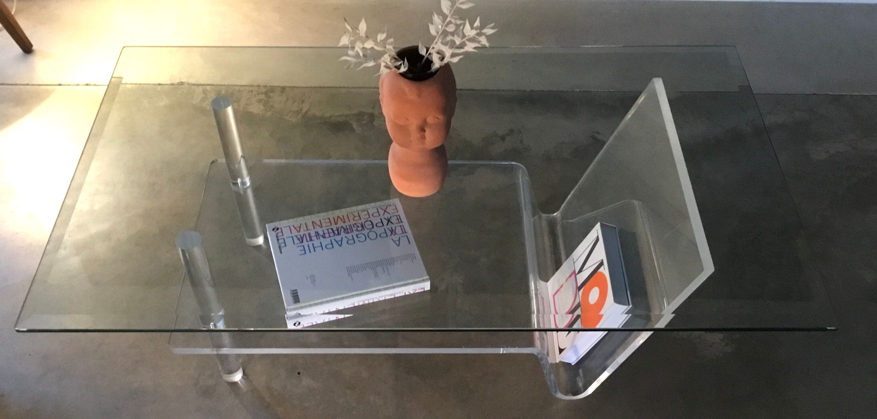 Plexiglas and glass coffee table - design 1980