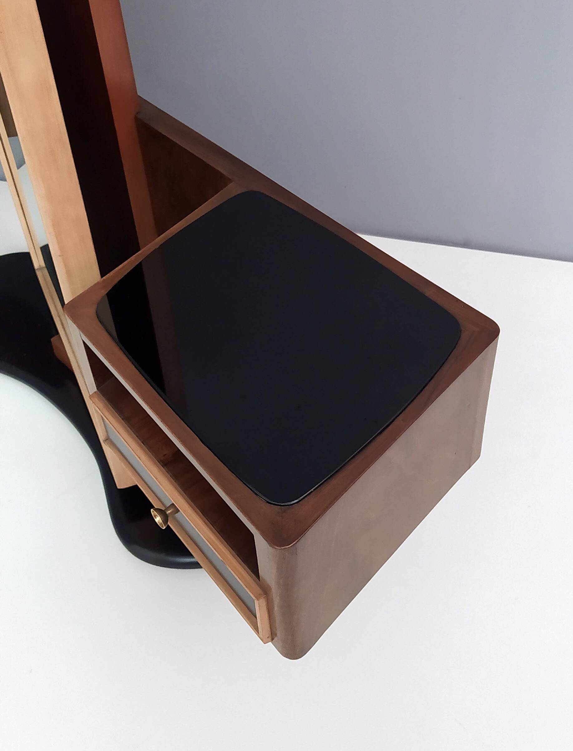 Wooden Entryway Mirror Organizer with Black Glass Tops, Italy