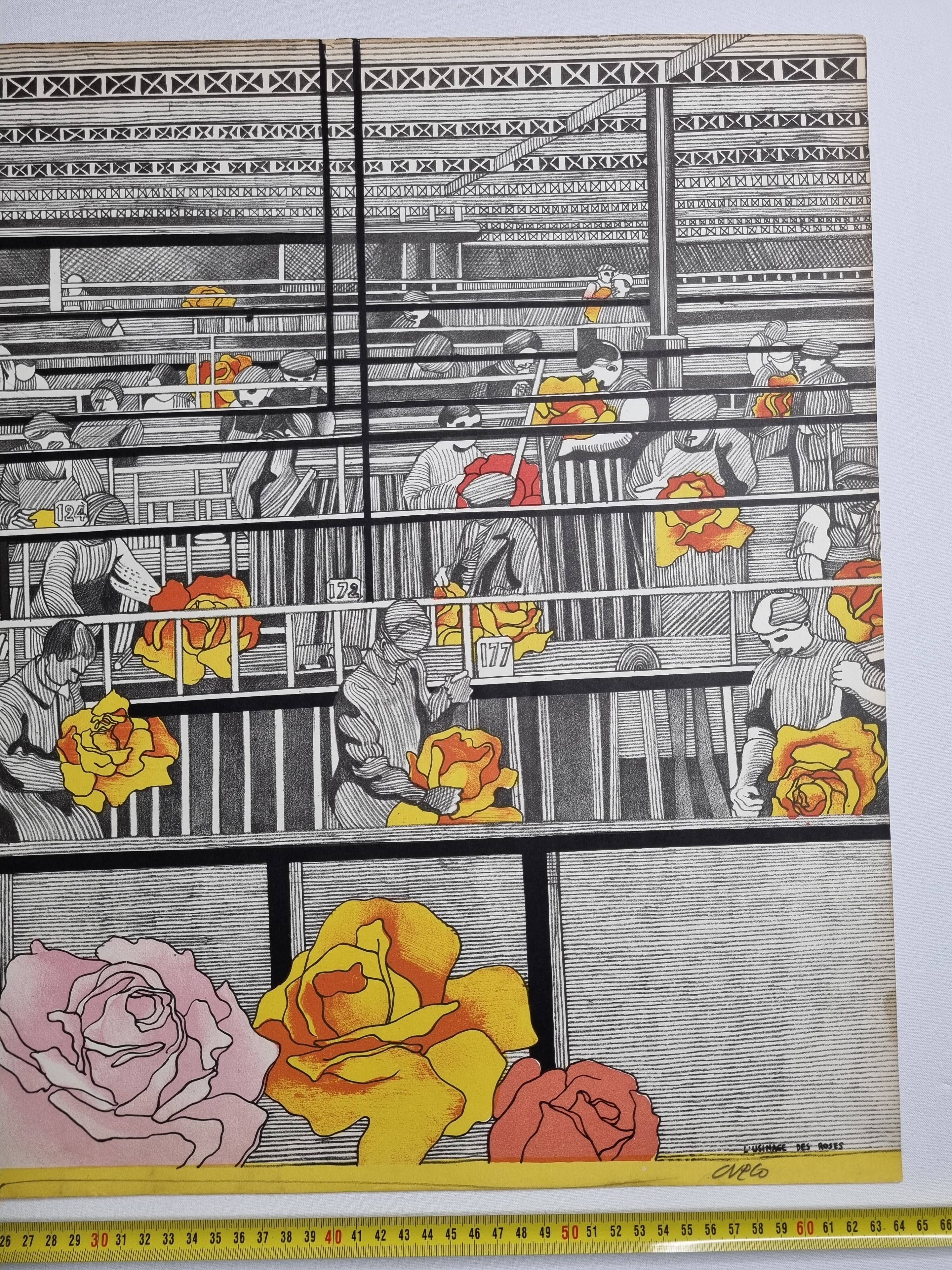 Original lithograph signed after Henri Cueco, "l'usinage des roses", 1969, 64 x 51 cm