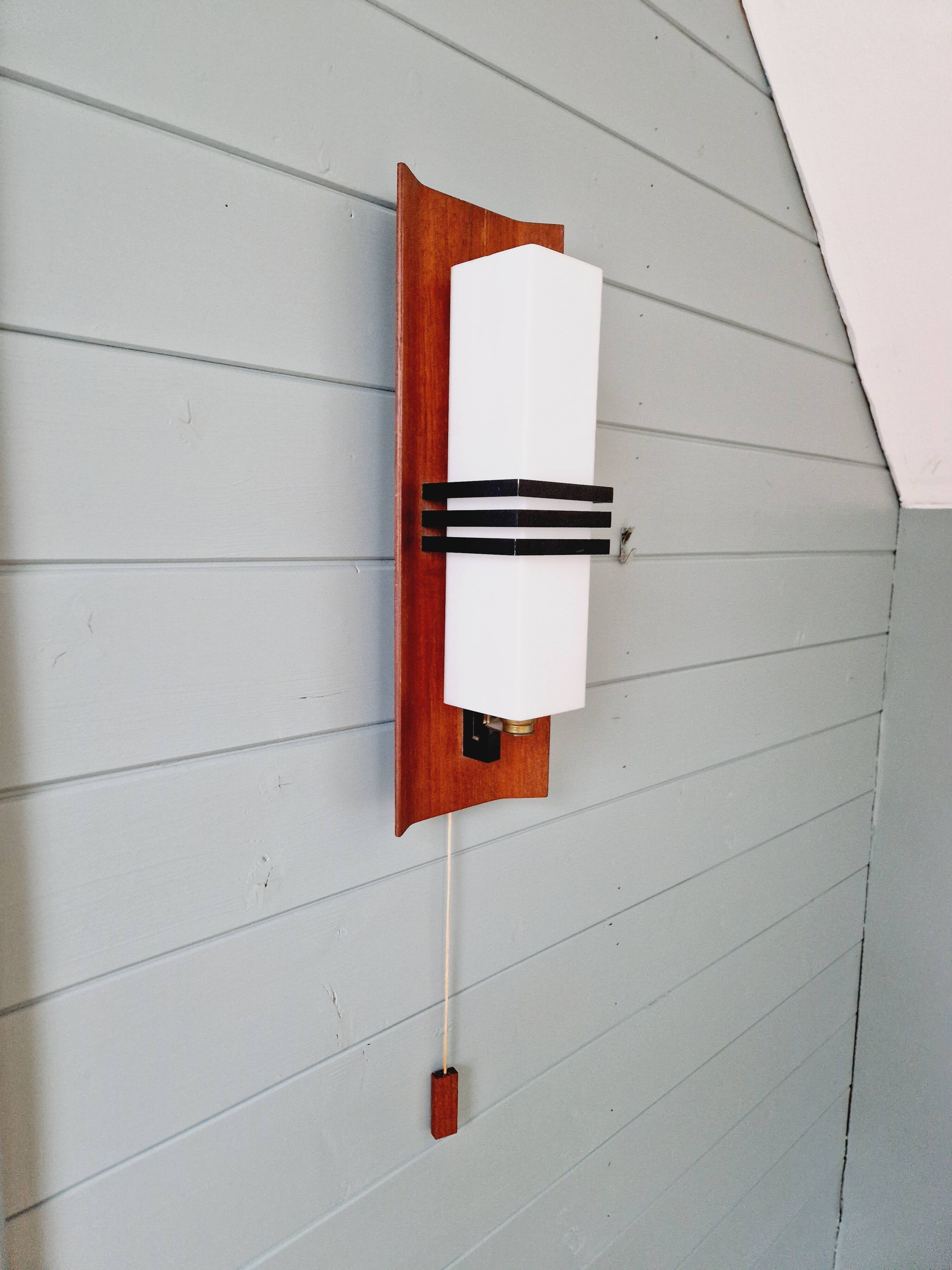 Scandinavian wall light in opaline and teak, 1960s