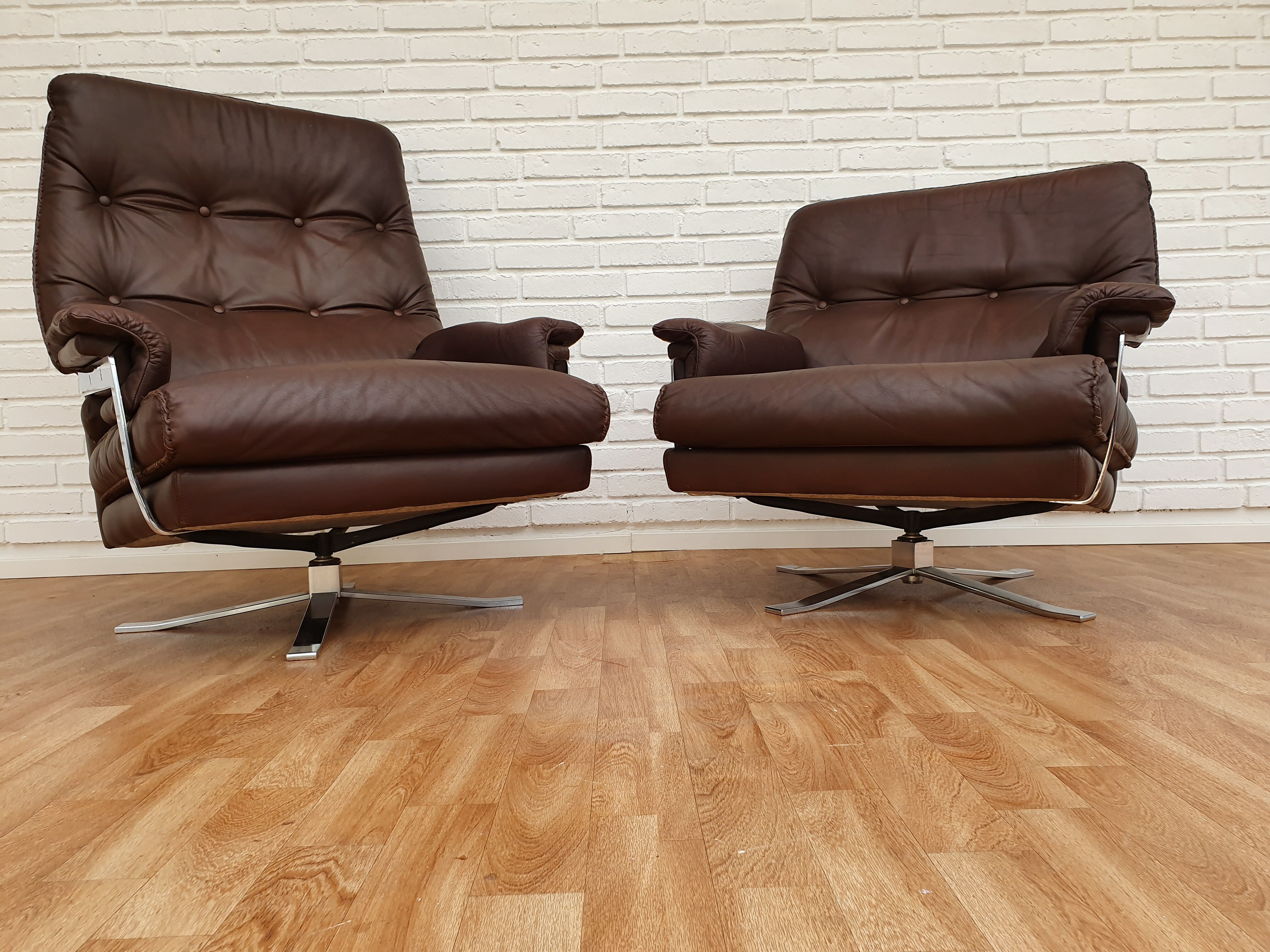 Swedish design 70s, Arne Norell sofa set, original upholstery, leather, chrome steel
